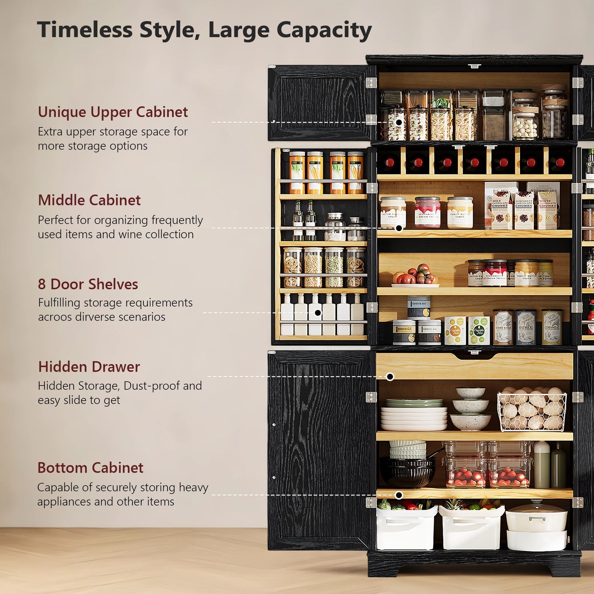 78" Tall Farmhouse Kitchen Pantry Cabinet with Shelves Drawer Wine Rack