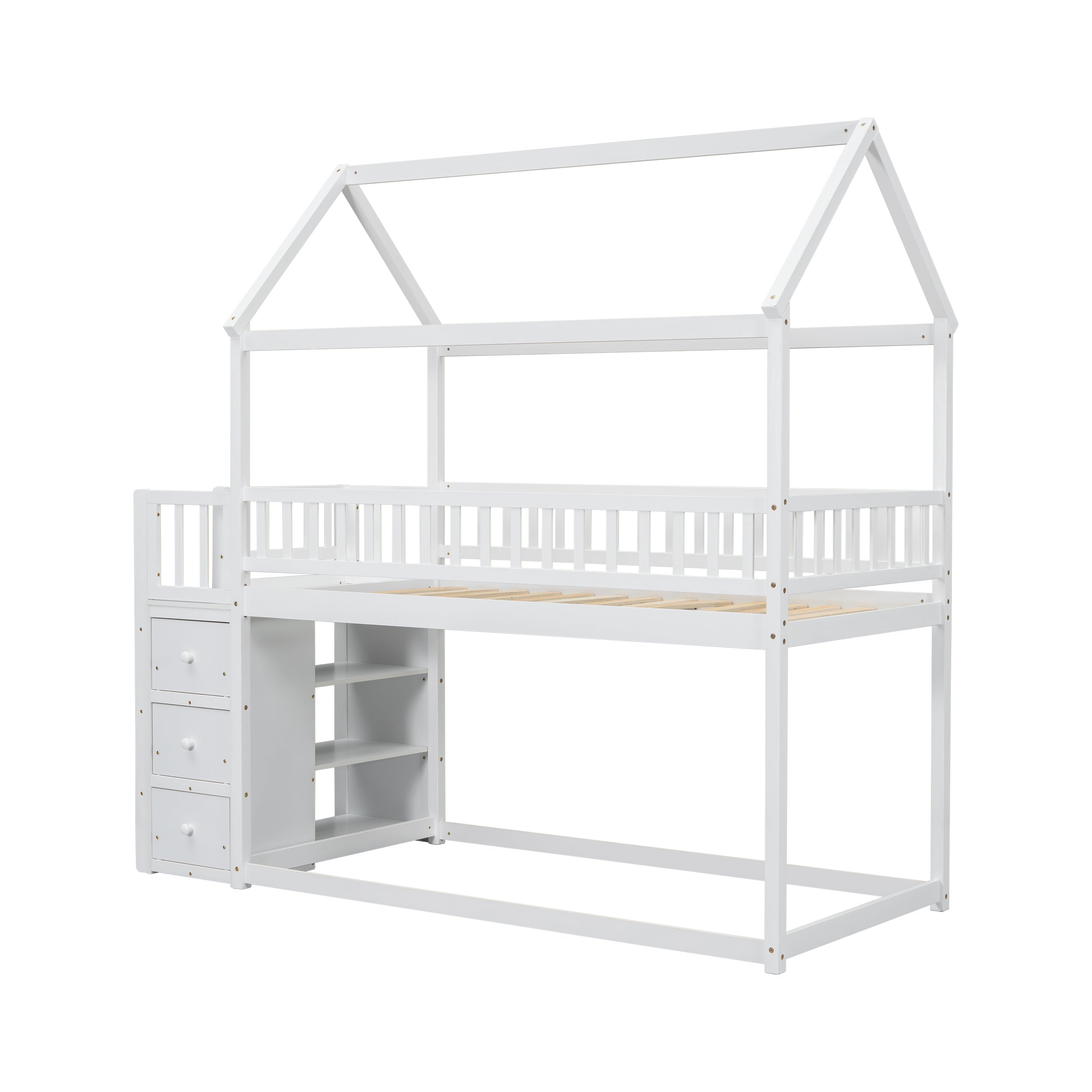 Twin House Bunk Bed with Shelves and Drawers