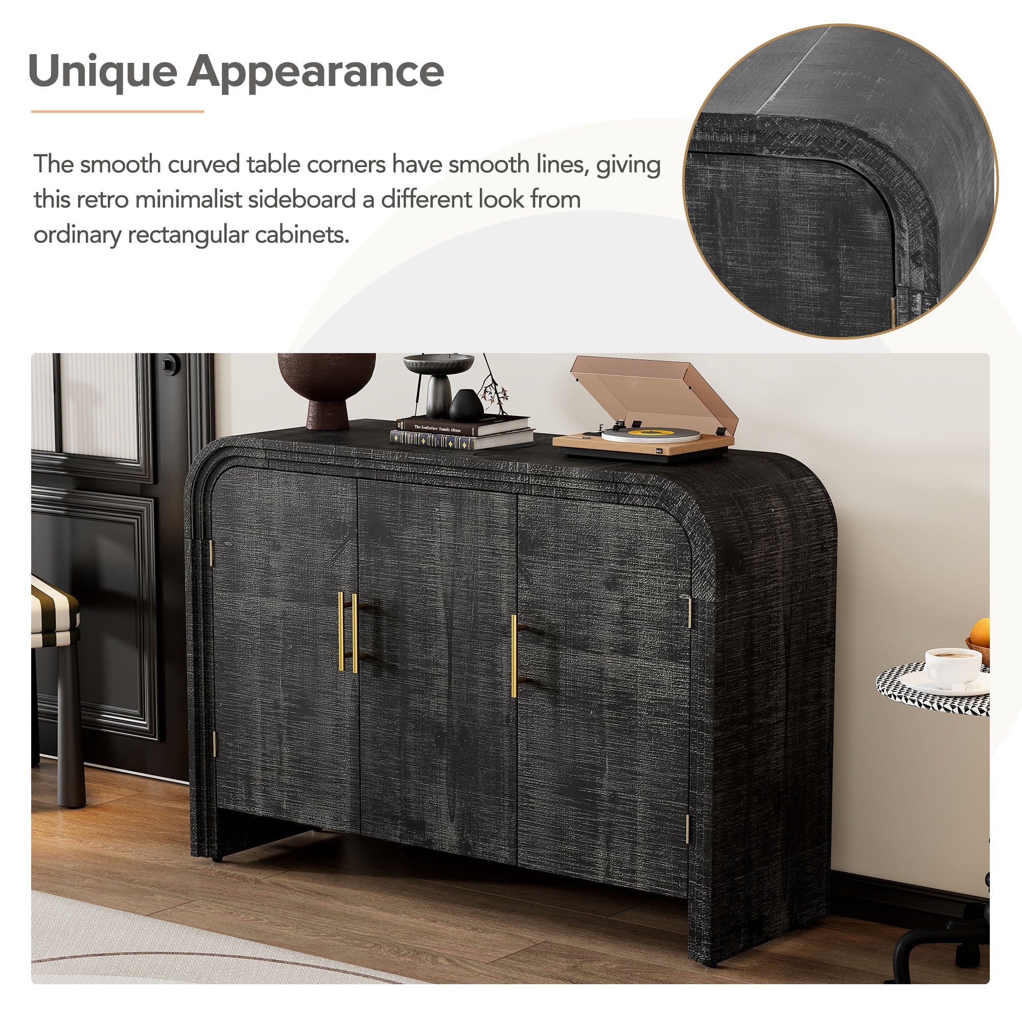 Minimalist Curved Sideboard with Gold Handles and Adjustable Dividers