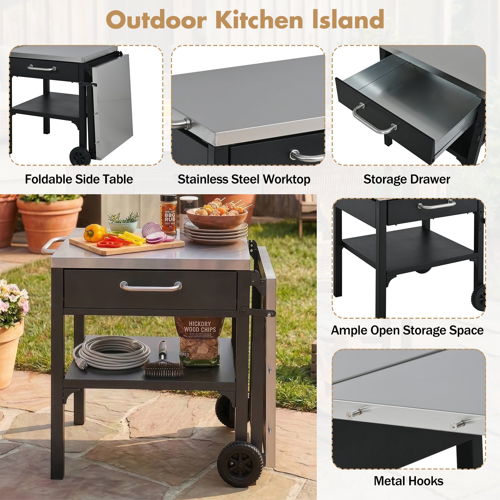 Foldable BBQ cart with storage, portable for backyard & patio cooking