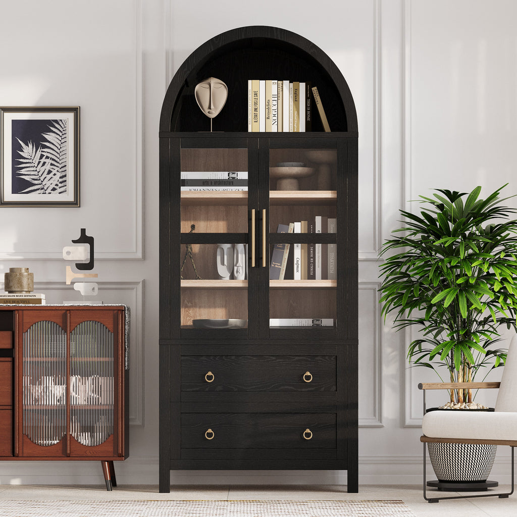 71” Tall Arched Modern Farmhouse Kitchen Pantry Cabinet with 2 Large Drawers