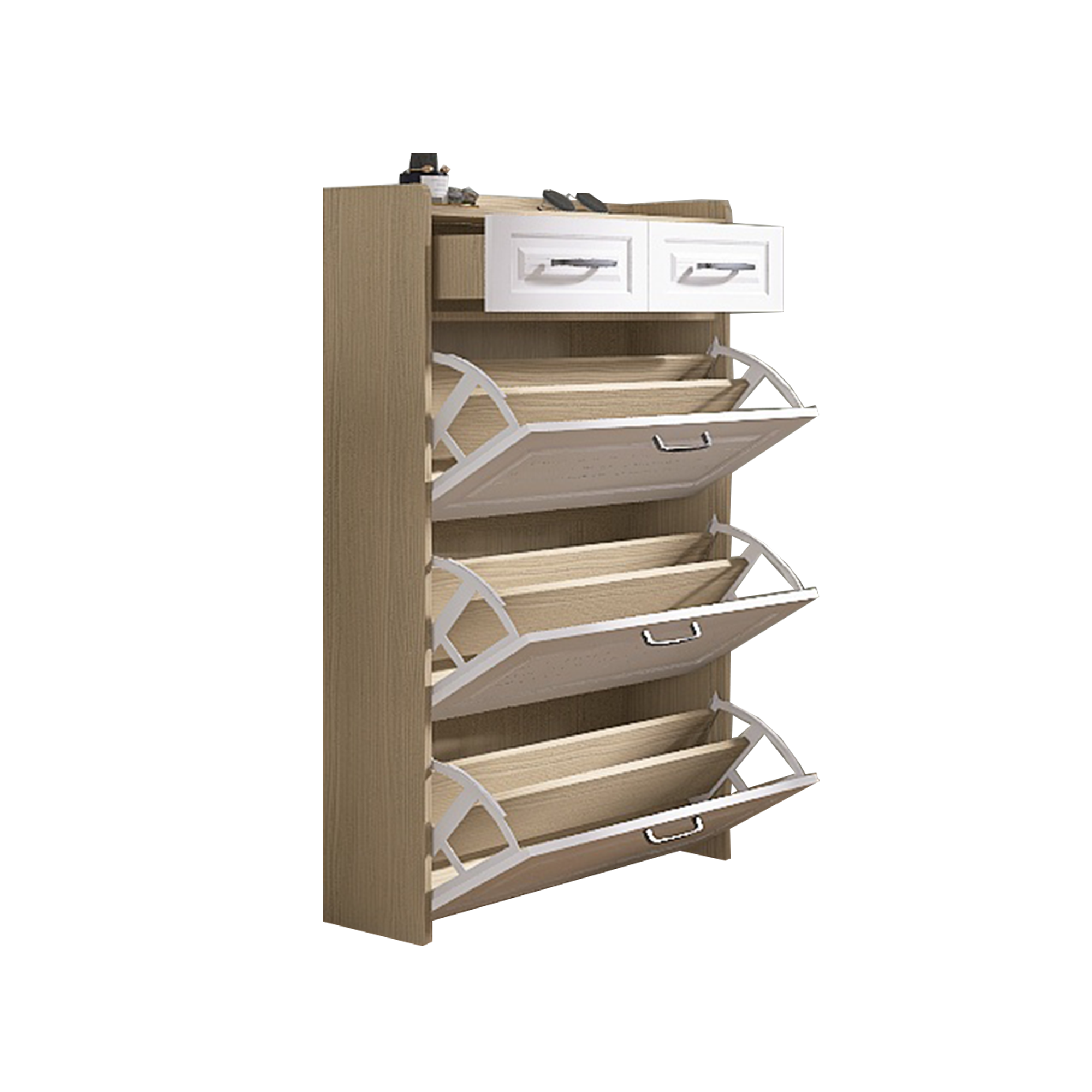 White Oak Color Shoe Cabinet with 3 Doors 2 Drawers