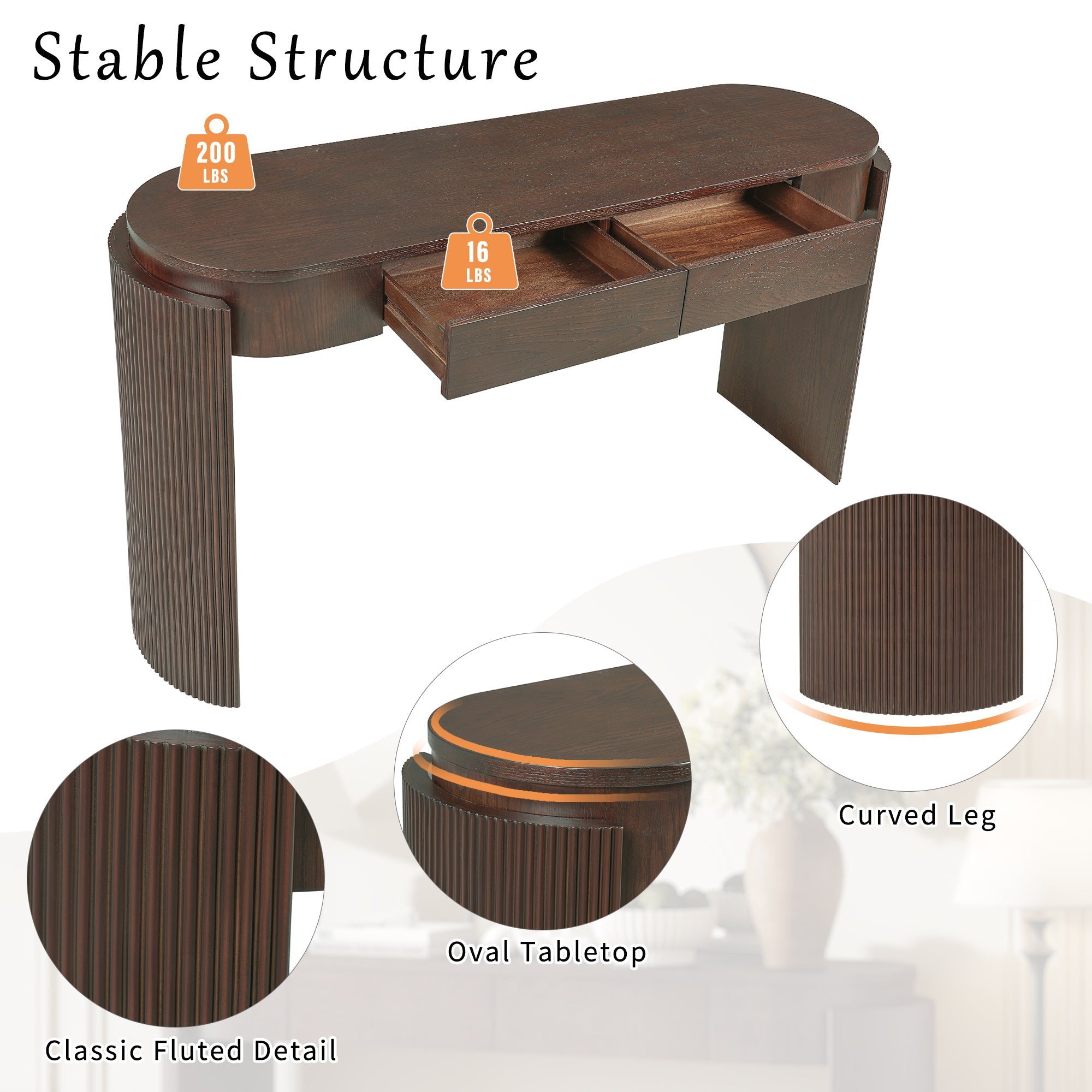 Entryway Console Table with Fluted Legs & Storage Drawers