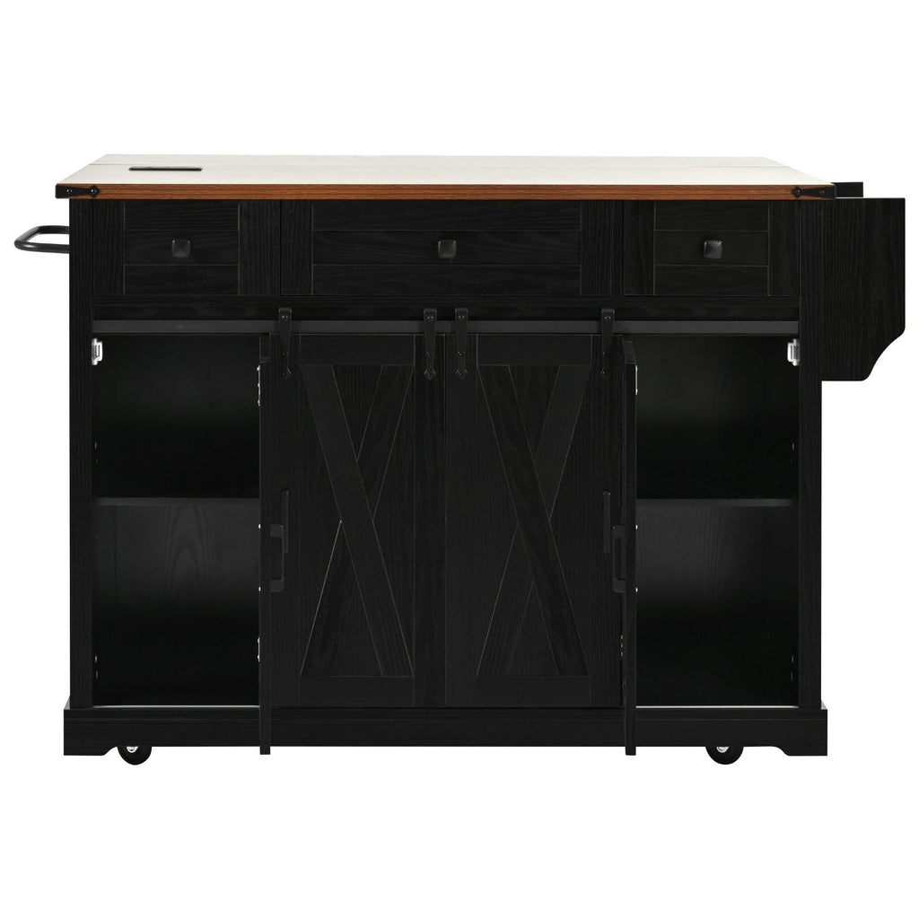 58“ Farmhouse Kitchen Island with Storage Sliding Barn Door Metal Grid Side Door