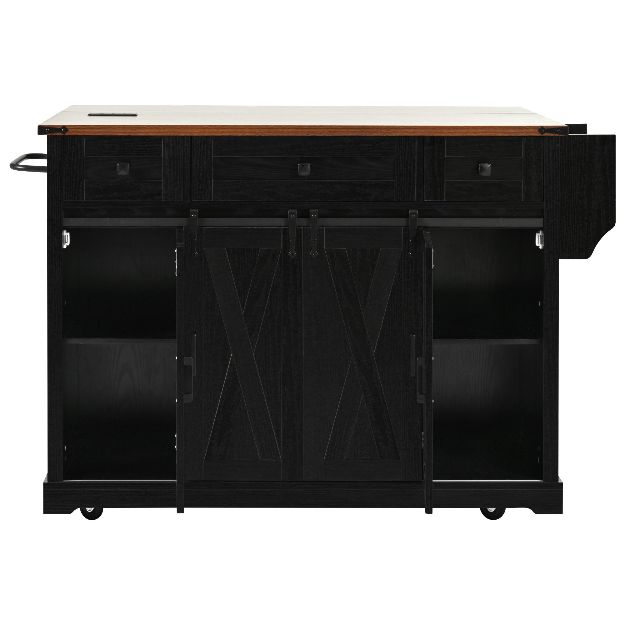 58“ Farmhouse Kitchen Island with Storage Sliding Barn Door Metal Grid Side Door