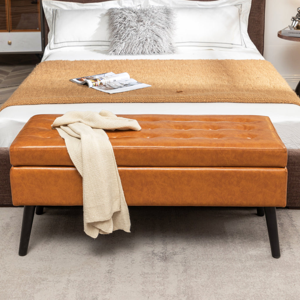 Brown PU Leather Storage Bench