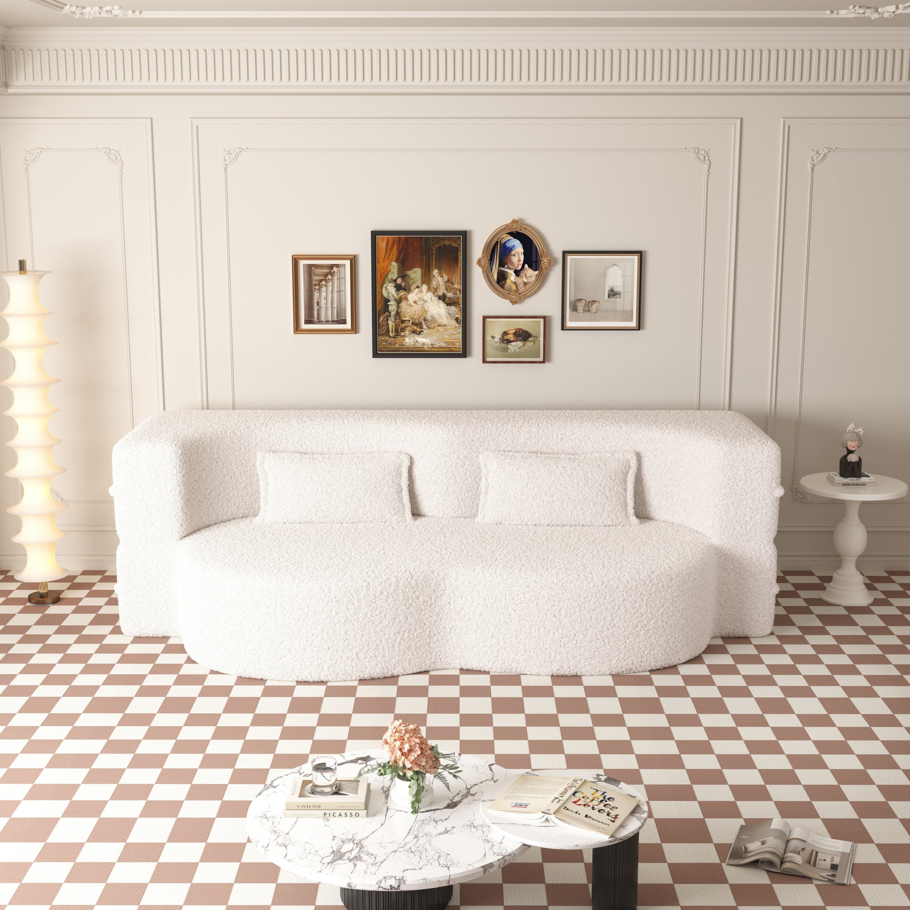 Modern Convertible Teddy Fabric Sofa with 2 Pillows