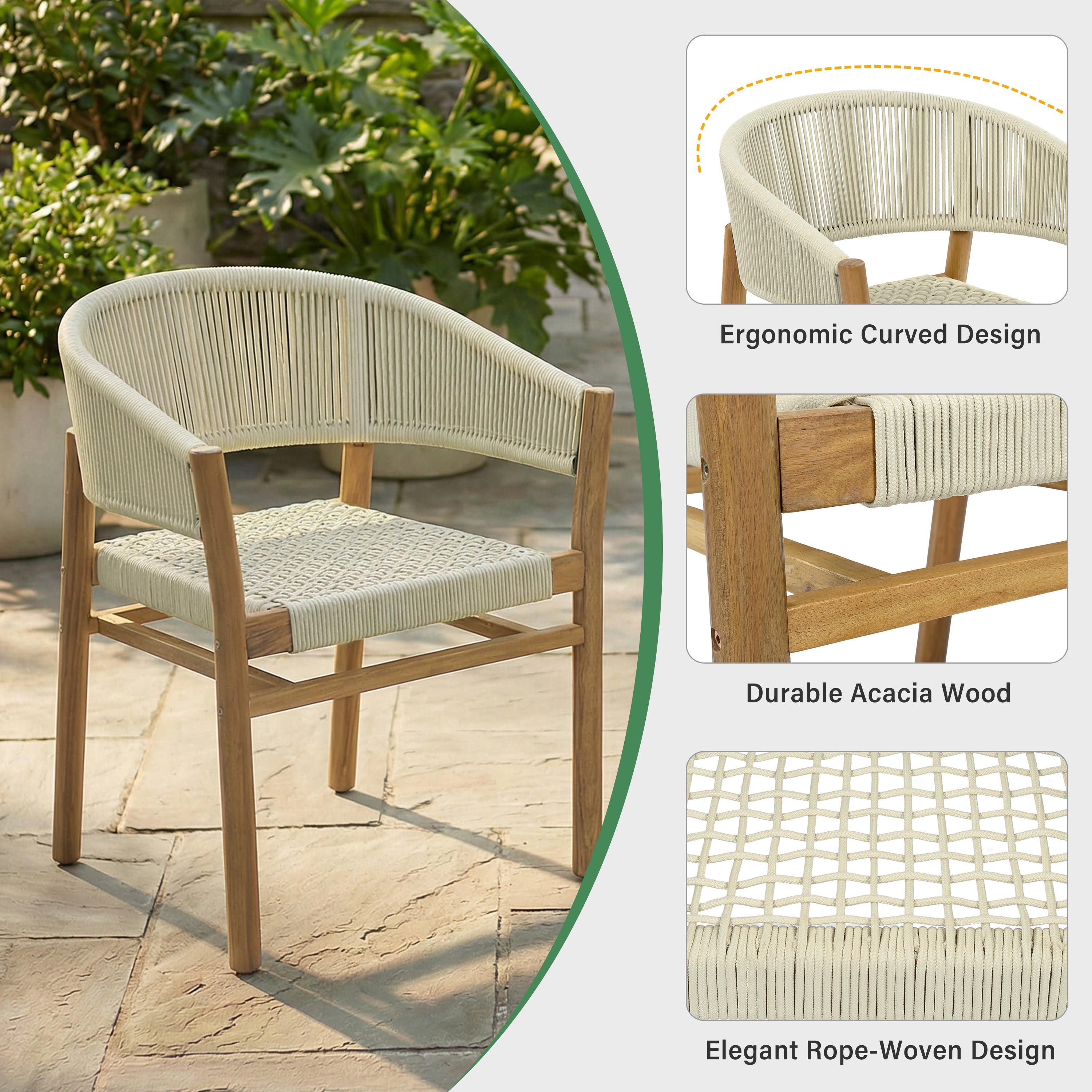 2-seat Woven Outdoor Chairs, Comfy Patio Seating with Elegant Teak Finish