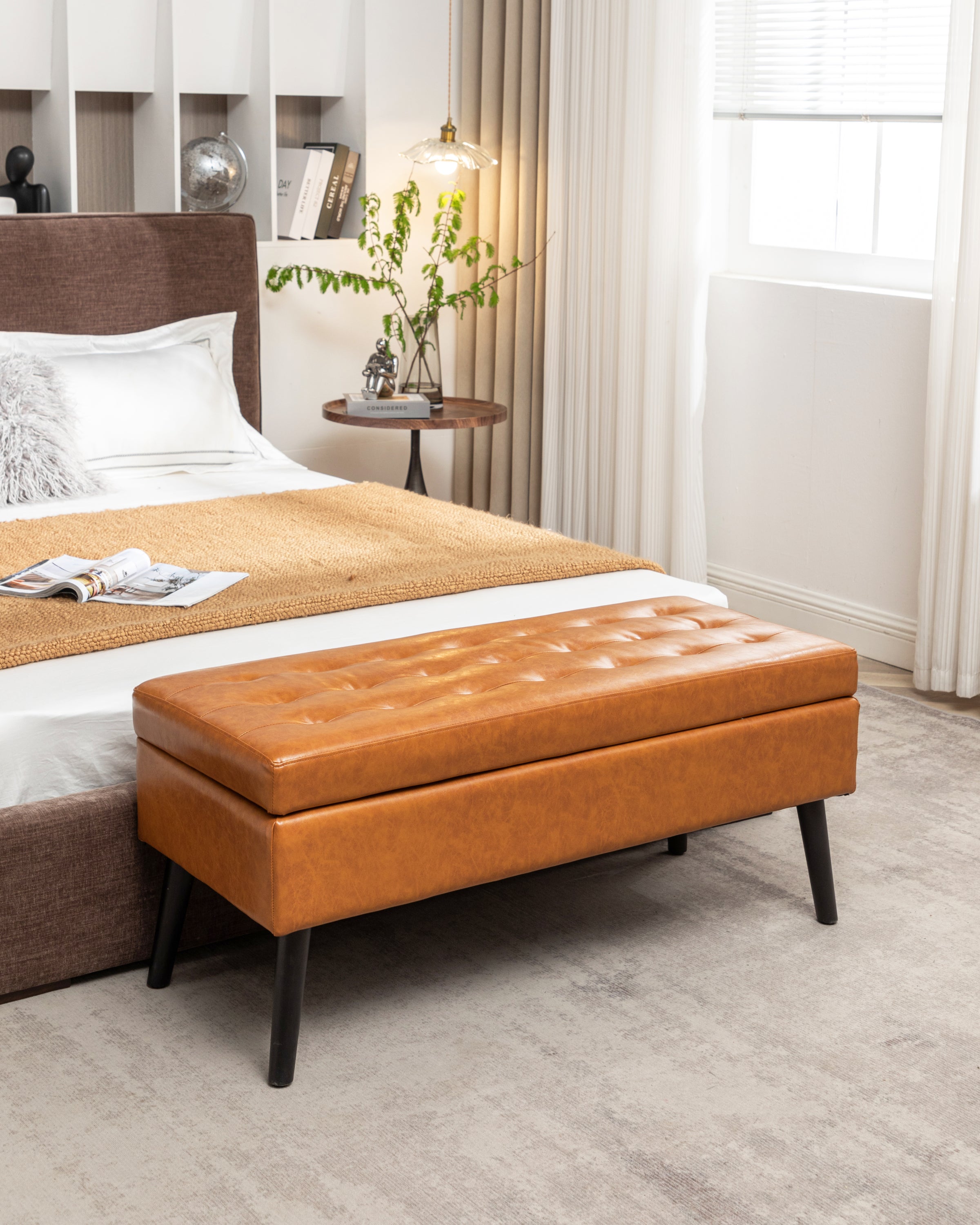 Brown PU Leather Storage Bench