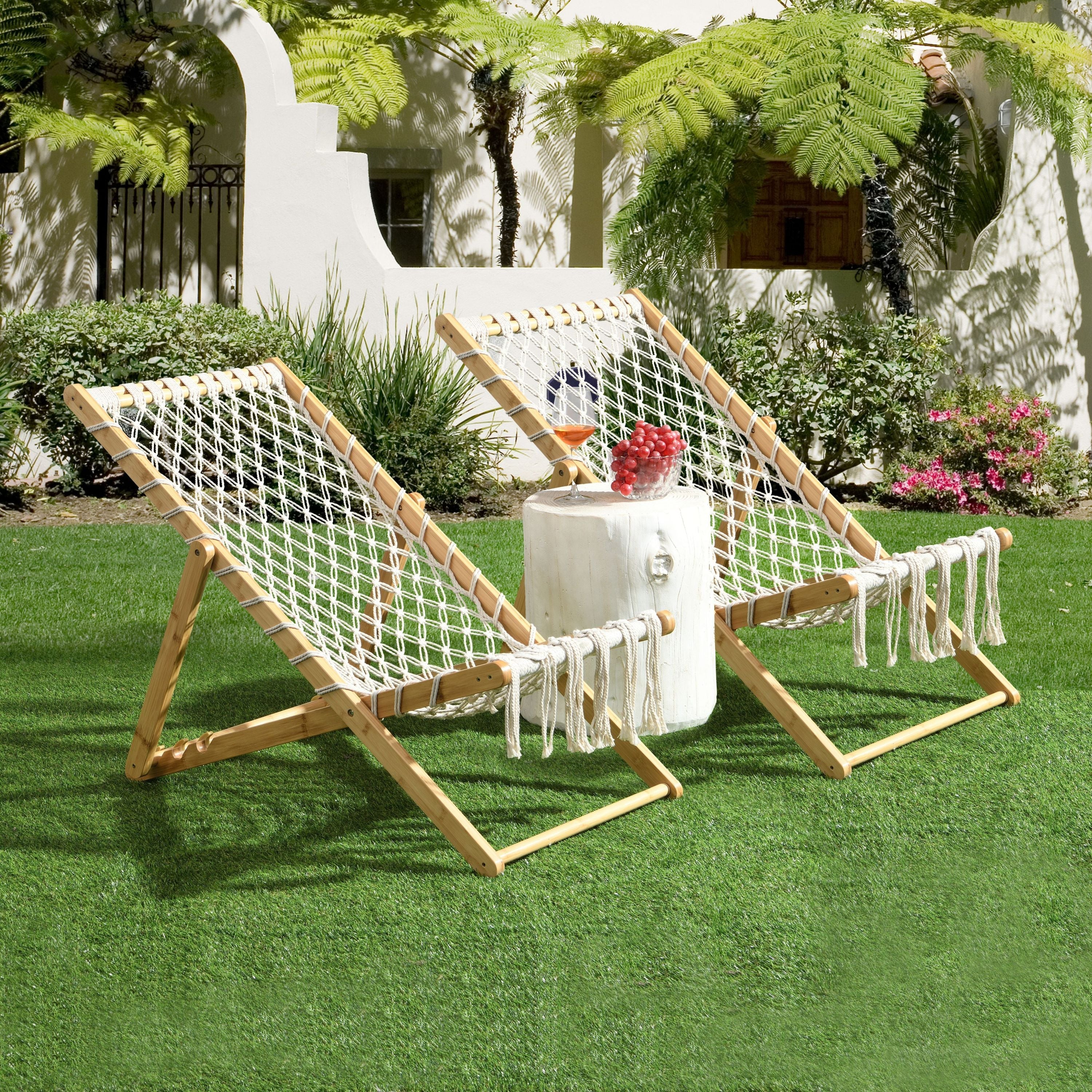 Natural Bamboo Weaving Chair Set with Handwoven Rope for Patio and Living Spaces