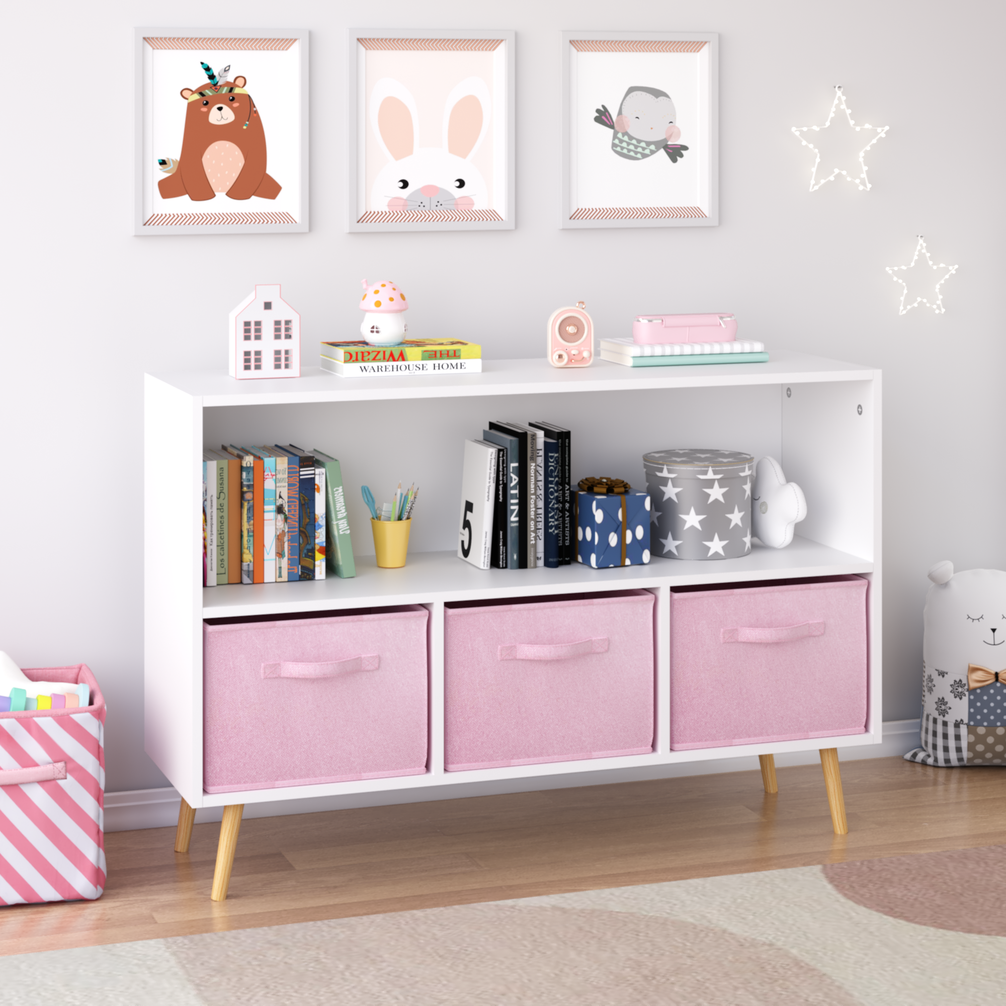 Children's Book Display Kids Bookcase with 3 Fabric Bins