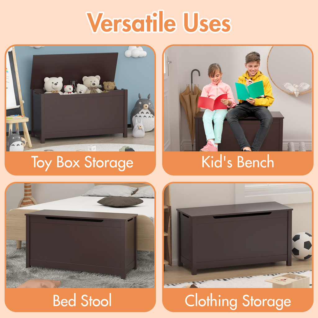Kids Wooden Toy Box Storage with Safety Hinged Lid for Ages 2+