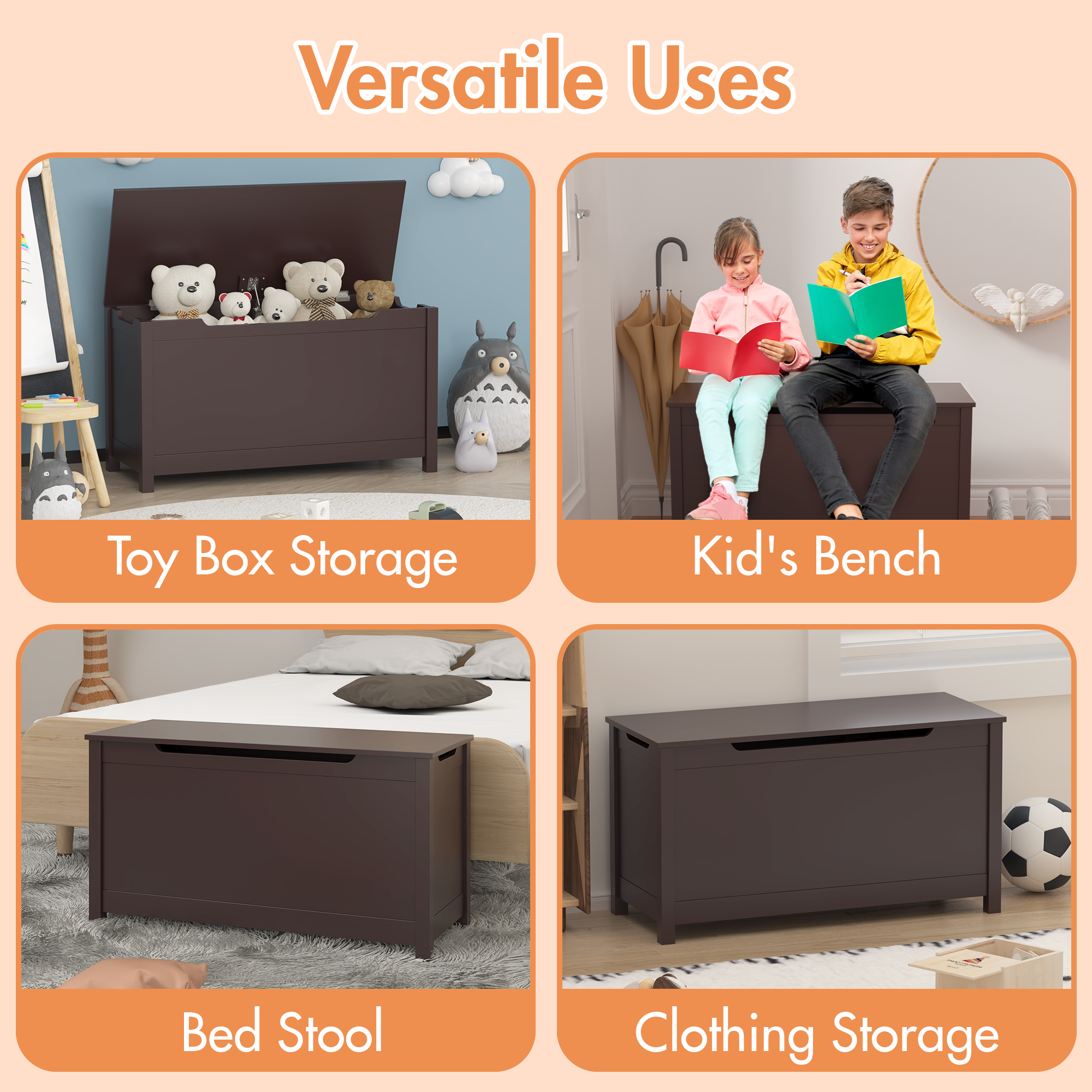 Kids Wooden Toy Box Storage with Safety Hinged Lid for Ages 2+