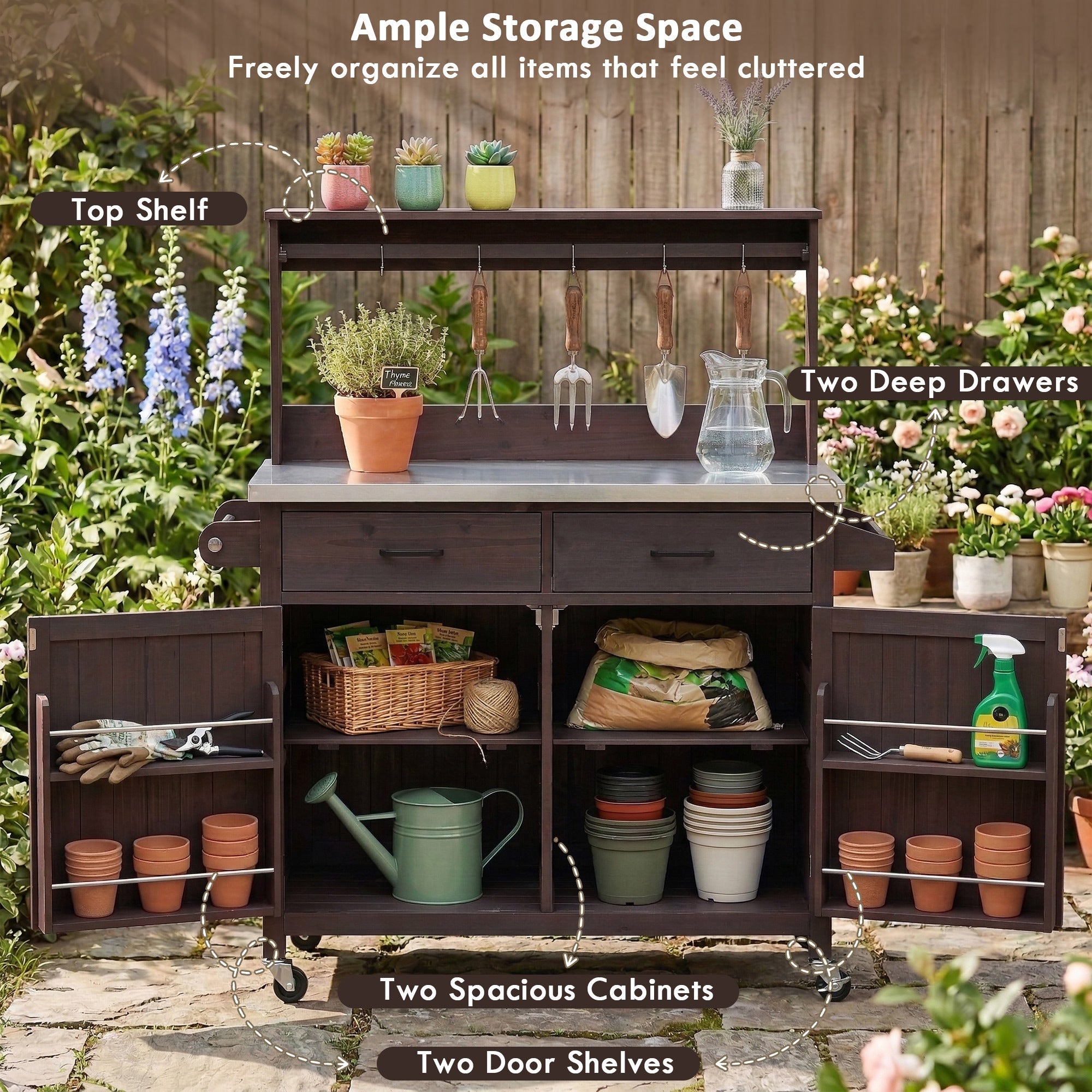 54.1" Outdoor Kitchen Island with High Shelf, Stainless Steel Top & Storage Cabinet