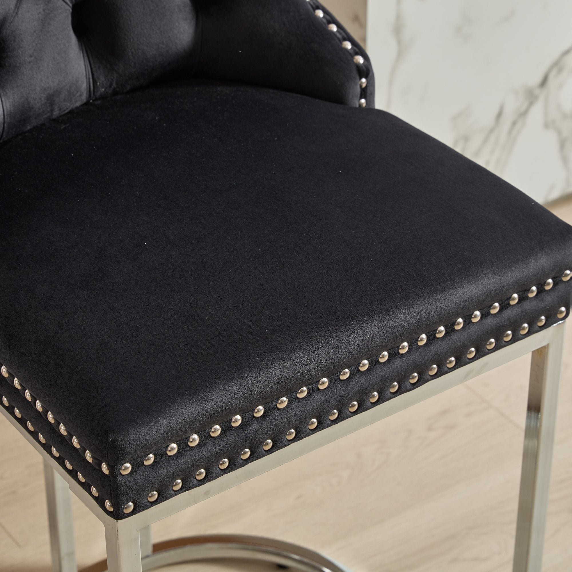 Luxury Elegant Nailhead Trim Tufted Velvet Bar Stools (Set of 2)