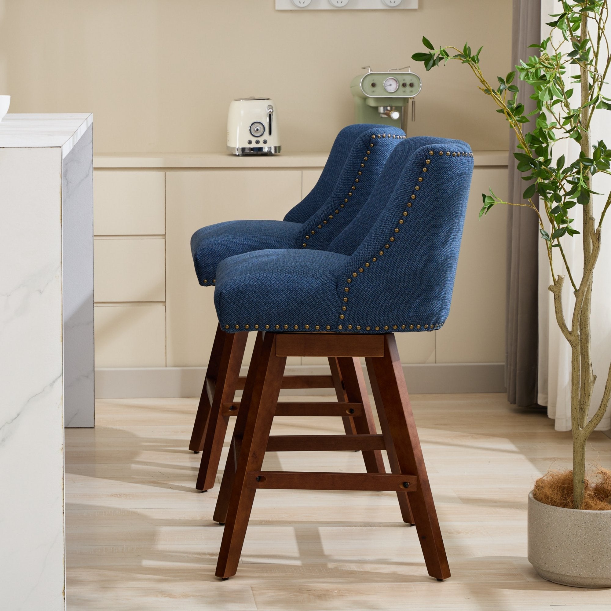 Upholstered Swivel Counter Height Bar Stools with Nailhead Trim (Set of 2)