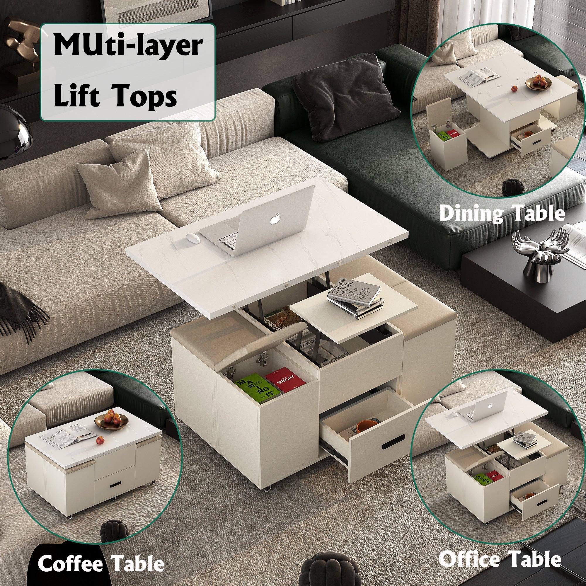 Modern Lift-Up Coffee Table with 4 Stools Set