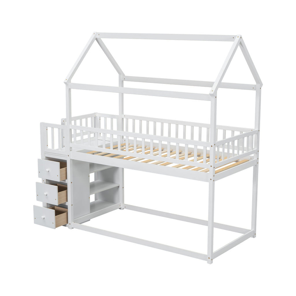Twin House Bunk Bed with Shelves and Drawers