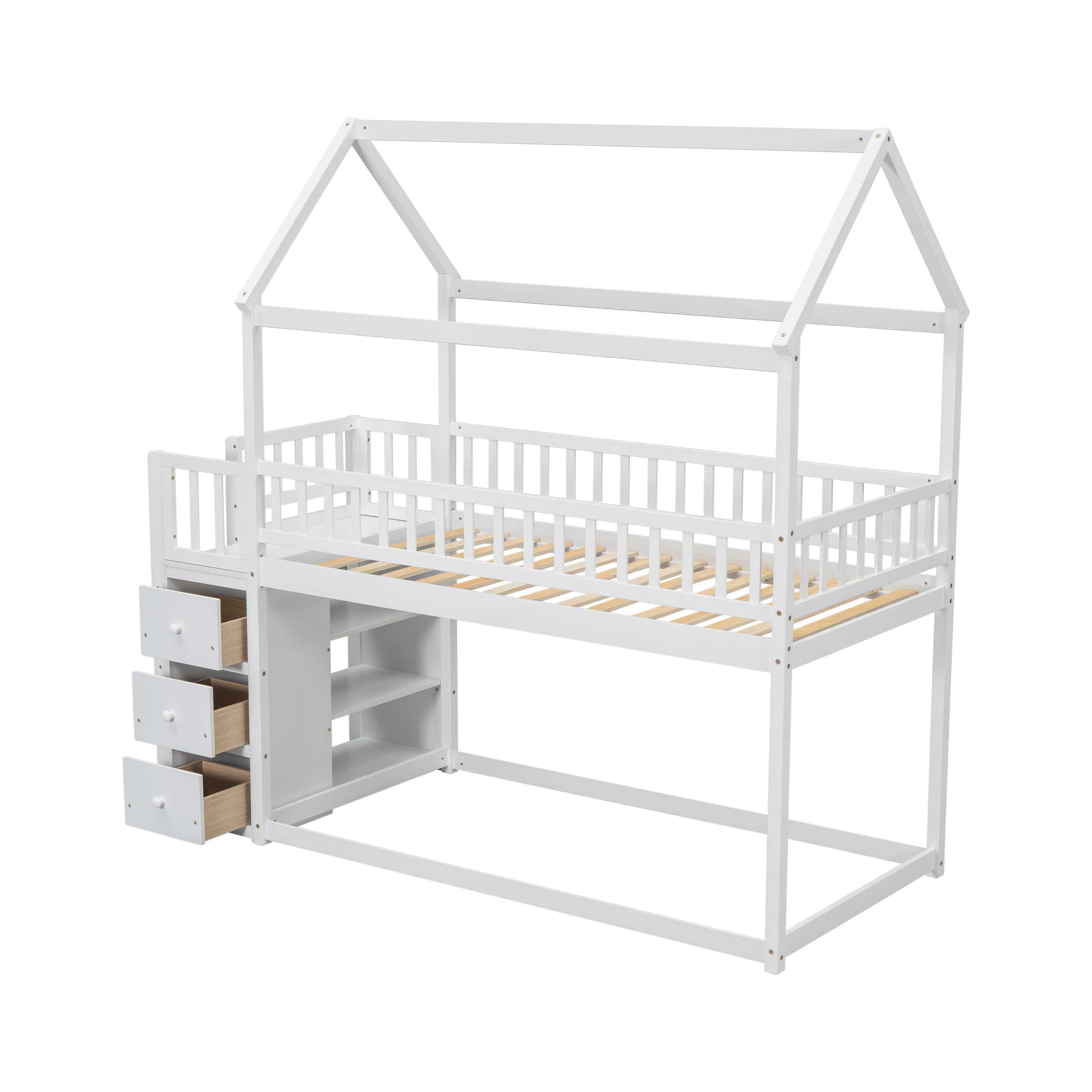 Twin House Bunk Bed with Shelves and Drawers