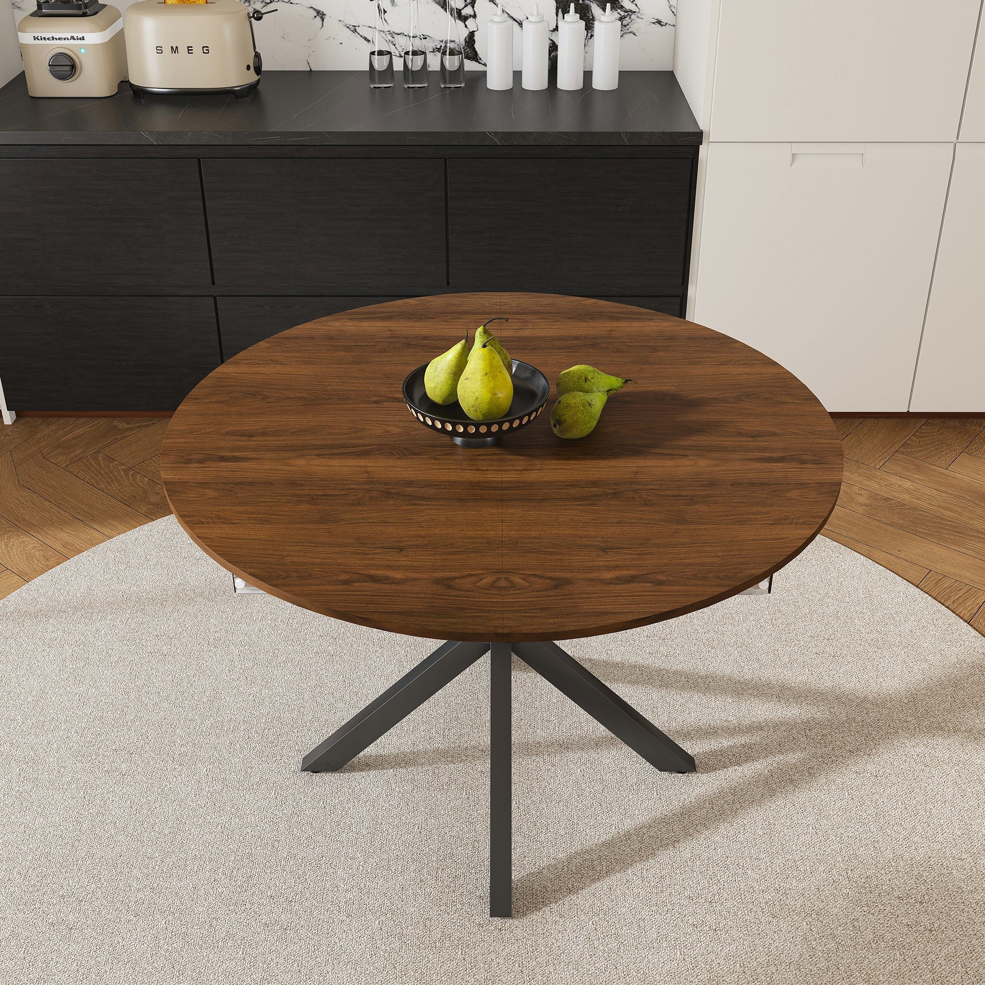 Modern Solid Wood Veneer Retractable Dining Table