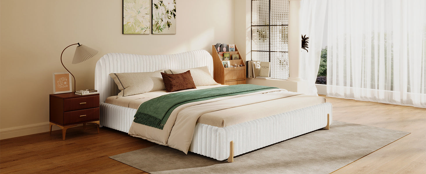 Sleek White Boucle Upholstered Bed with Wavy Headboard