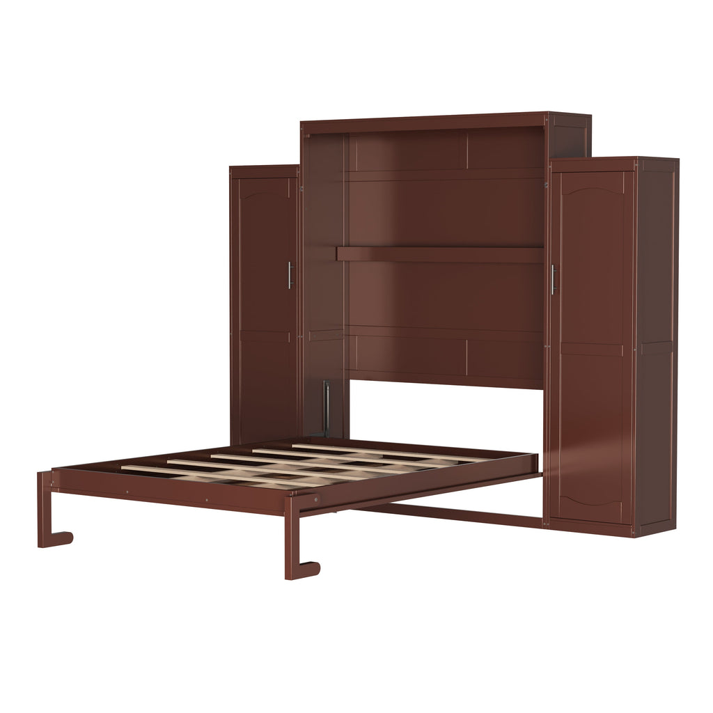 Wooden Queen Wall Bed with 2 Wardrobe and Storage Shelf