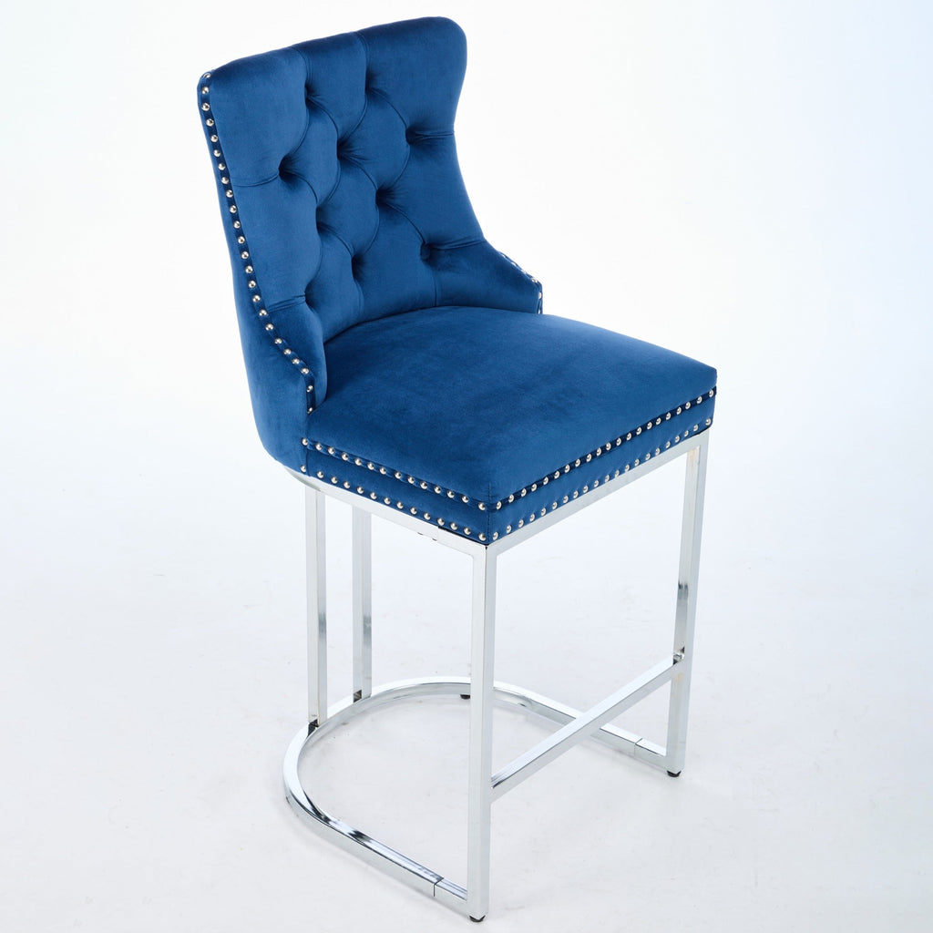 Luxury Elegant Nailhead Trim Tufted Velvet Bar Stools (Set of 2)