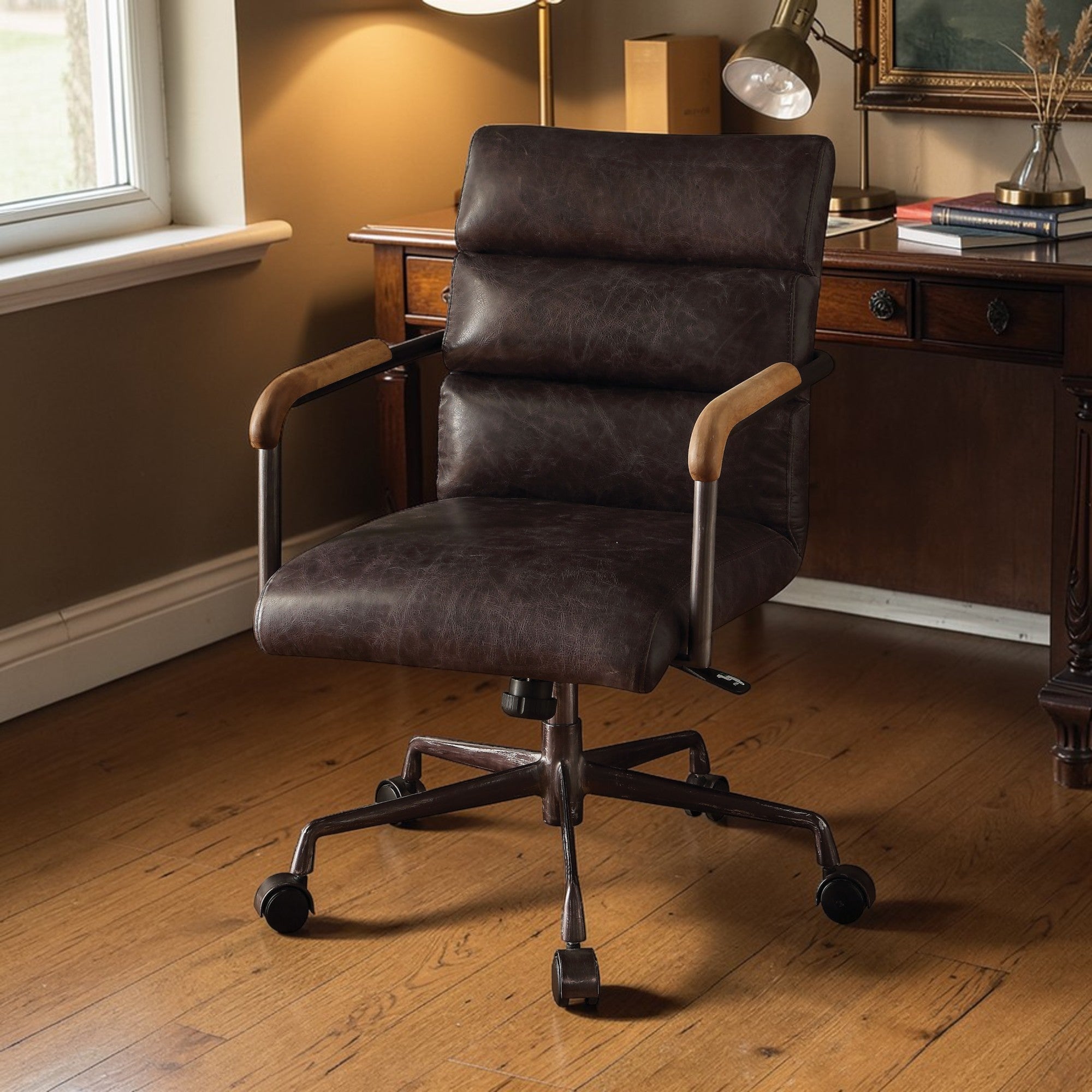 Retro Top Grain Leather Office Chair with Adjustable Height