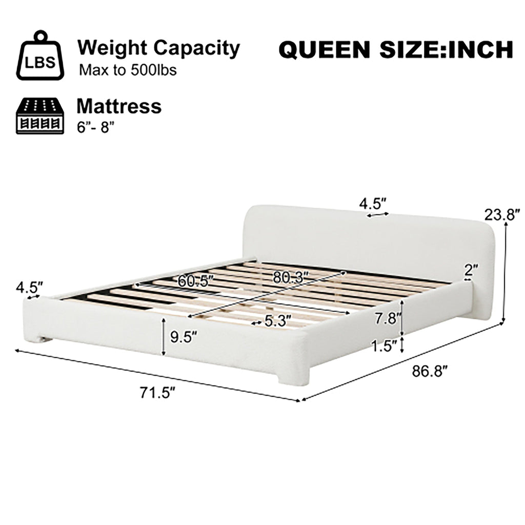 Cozy White Bouclé Upholstered Wood Bed