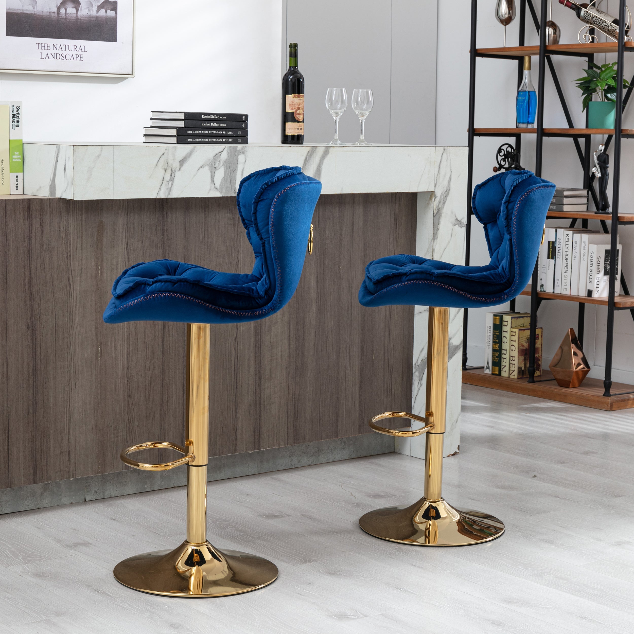 Velvet Bar Stools Set of 2 - Gold Base Adjustable Swivel Counter