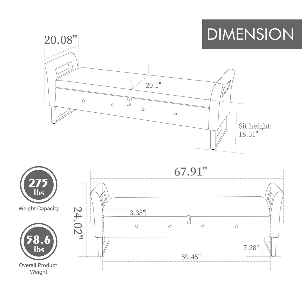 67.91' Wide Velvet Storage Soft Ottoman Bench with Armrests