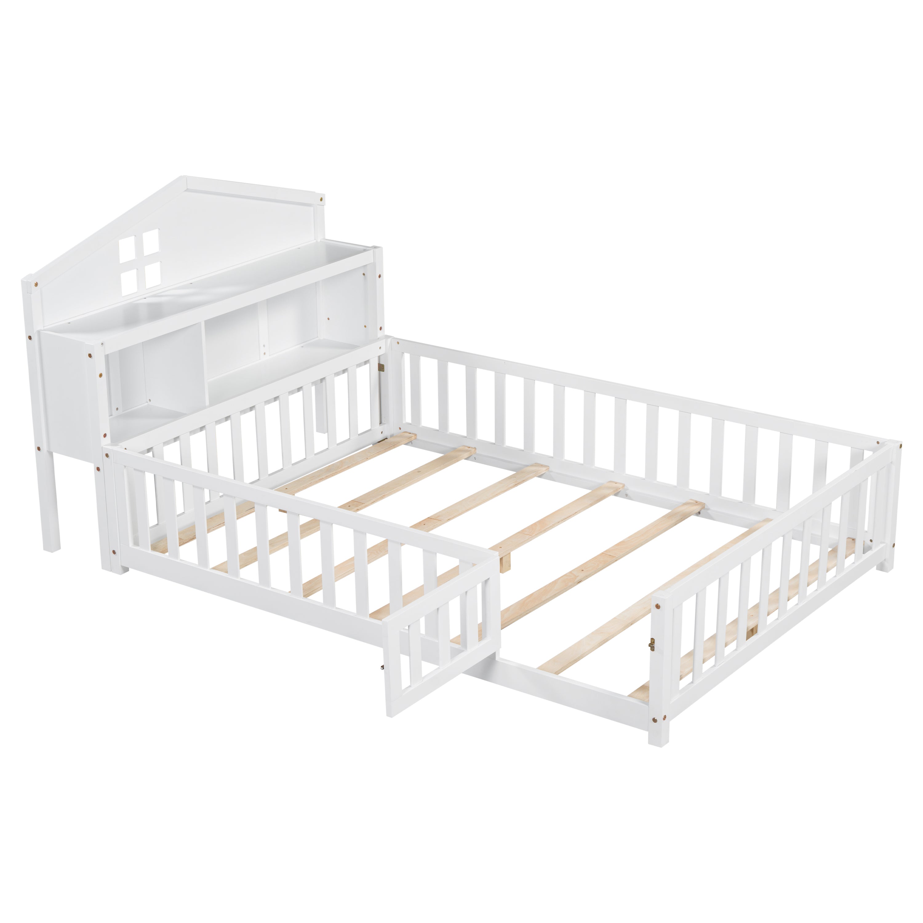 Full-size Montessori Floor Bed with Bookcases and Blackboards
