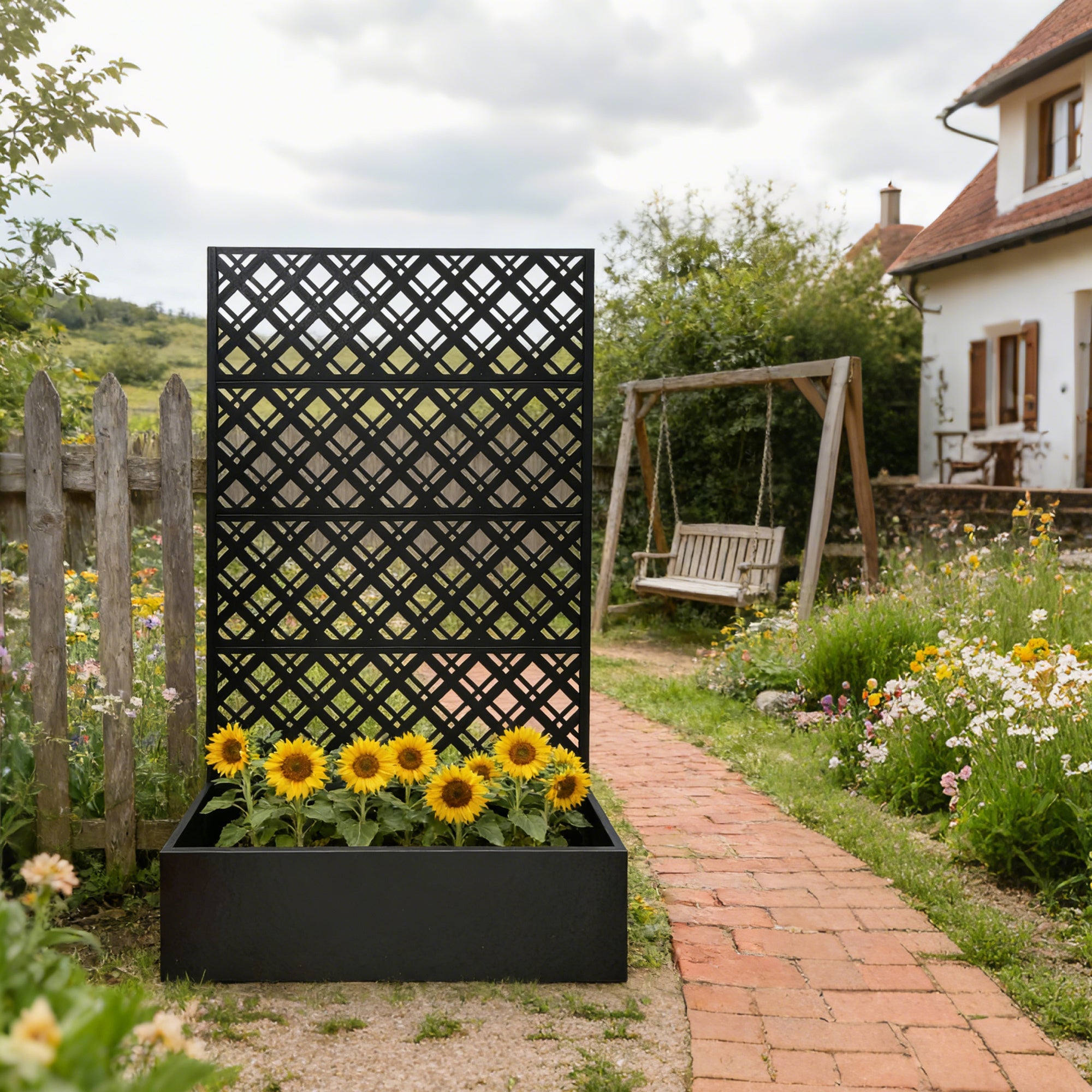 Black Metal Raised Garden Bed with Trellis for Climbing Plants