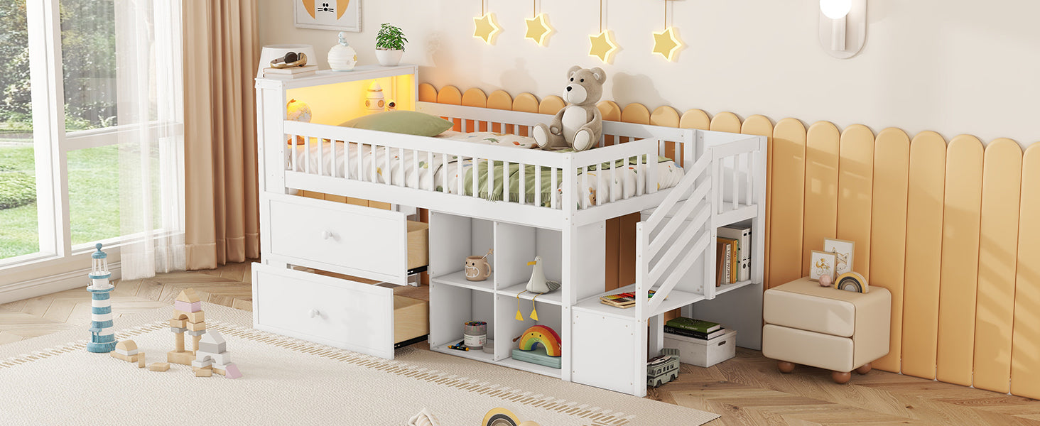 Twin Size Loft Bed with LED and Bookshelf