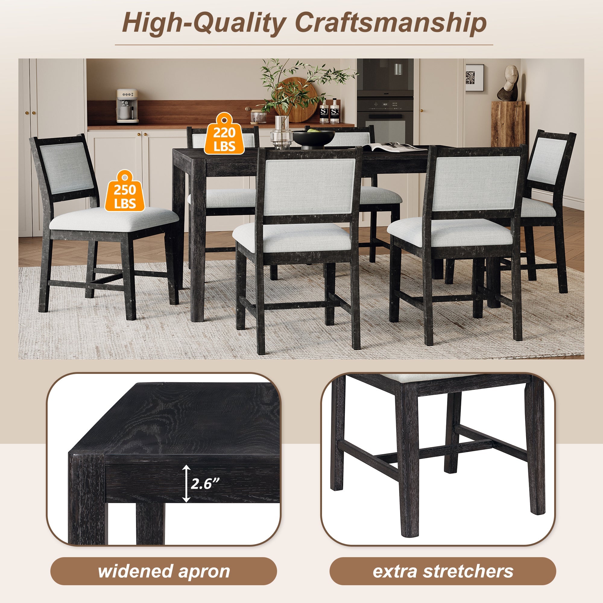 7-Piece Retro Rectangular Wood Dining Table Set