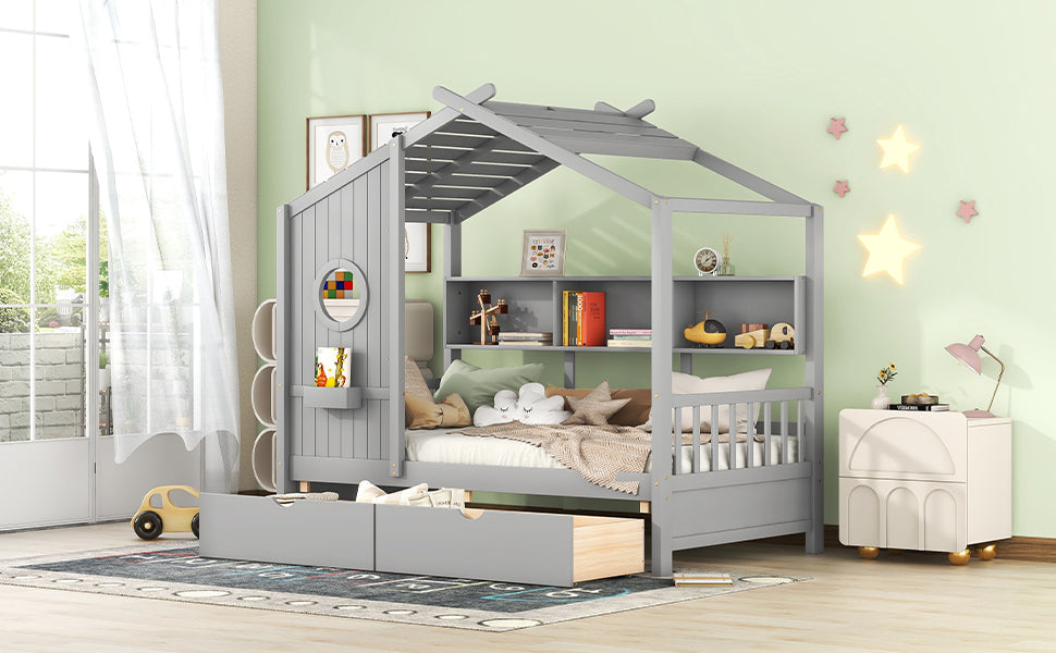 Wooden Twin Size House Bed with 2 Drawers