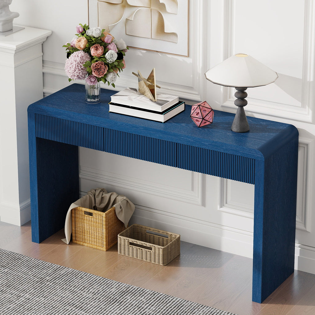 Rustic Solid Wood Veneer Entryway Table with 3 Fluted Drawers