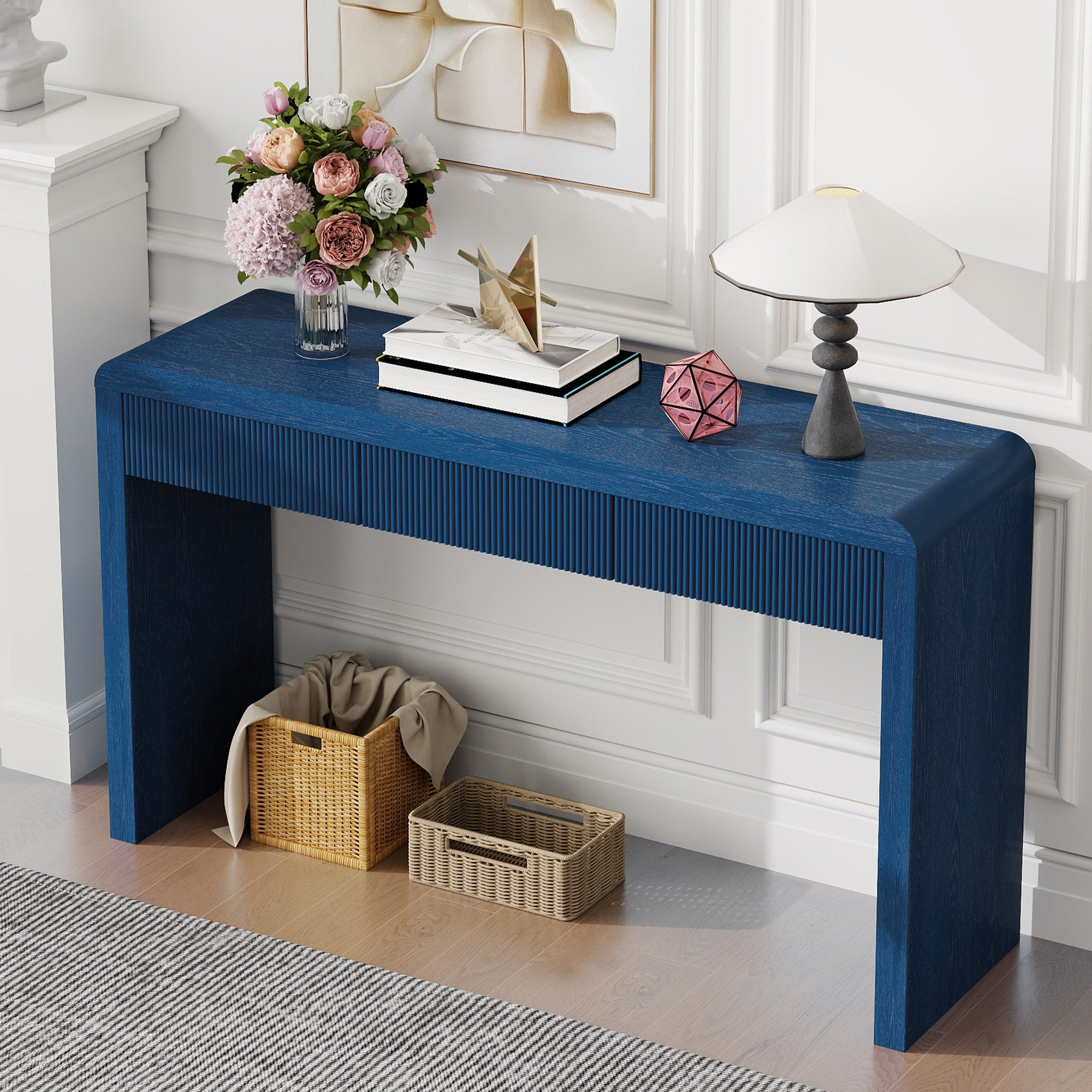 Rustic Solid Wood Veneer Entryway Table with 3 Fluted Drawers