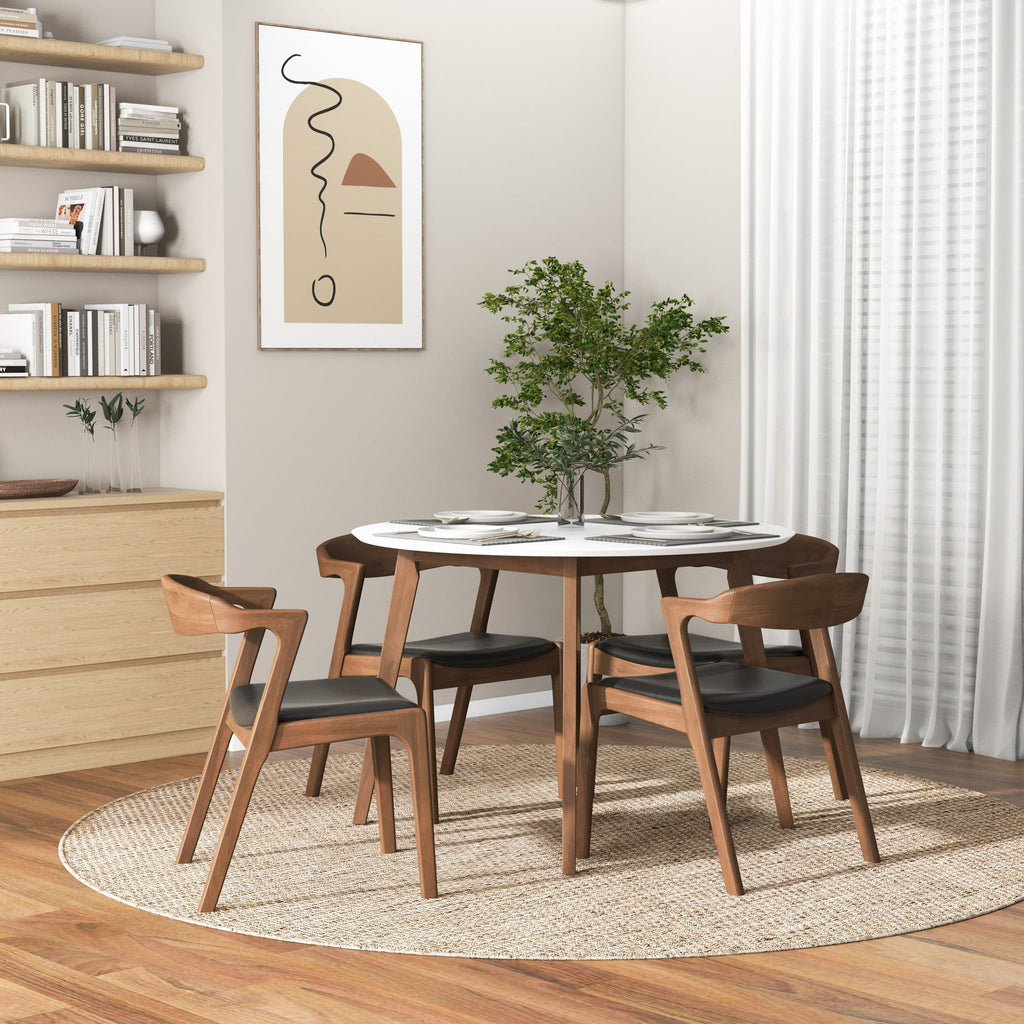 Mid-Century Solid Wood Dining Chair Set with Black Leather Upholstery (Set of 2)
