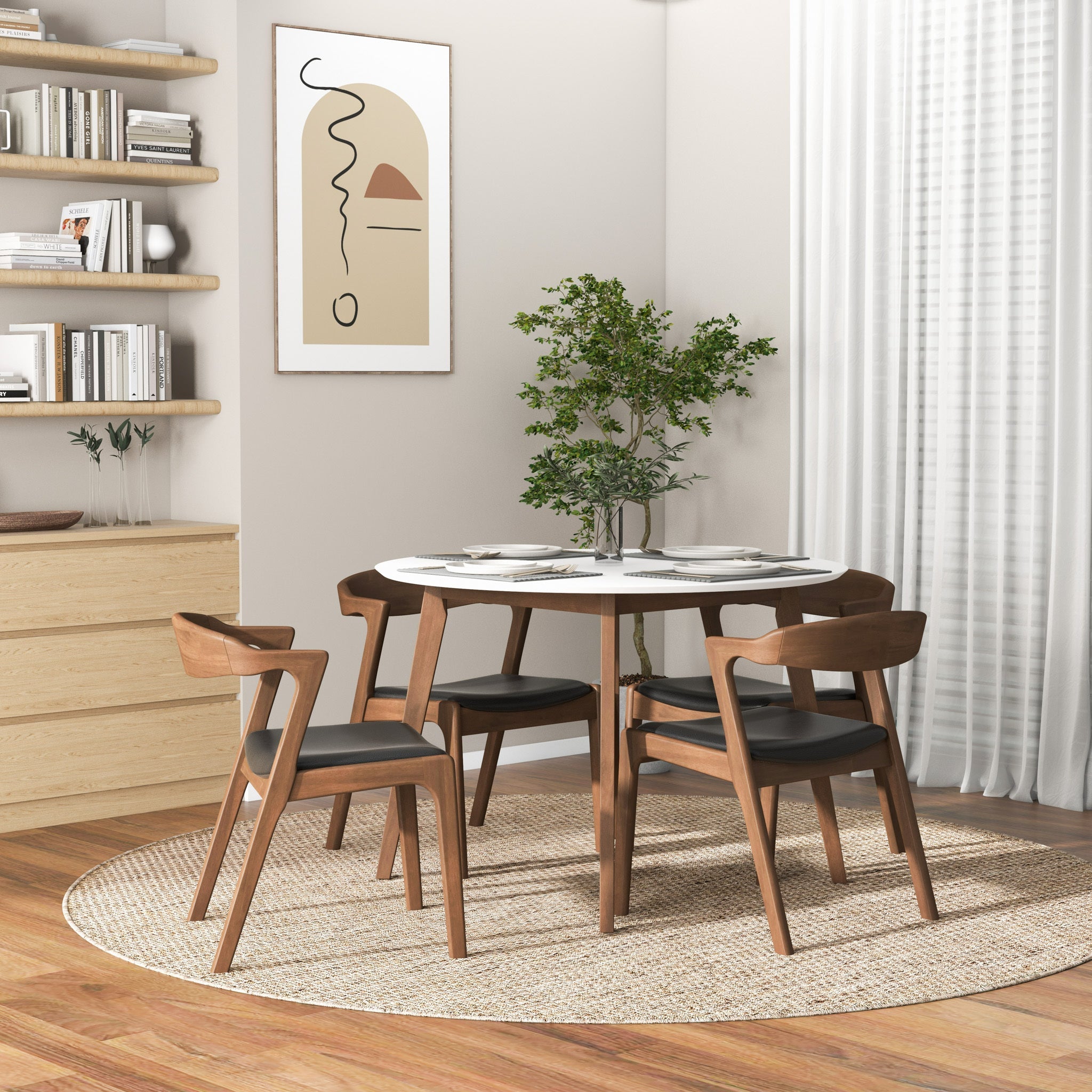 Mid-Century Solid Wood Dining Chair Set with Black Leather Upholstery (Set of 2)