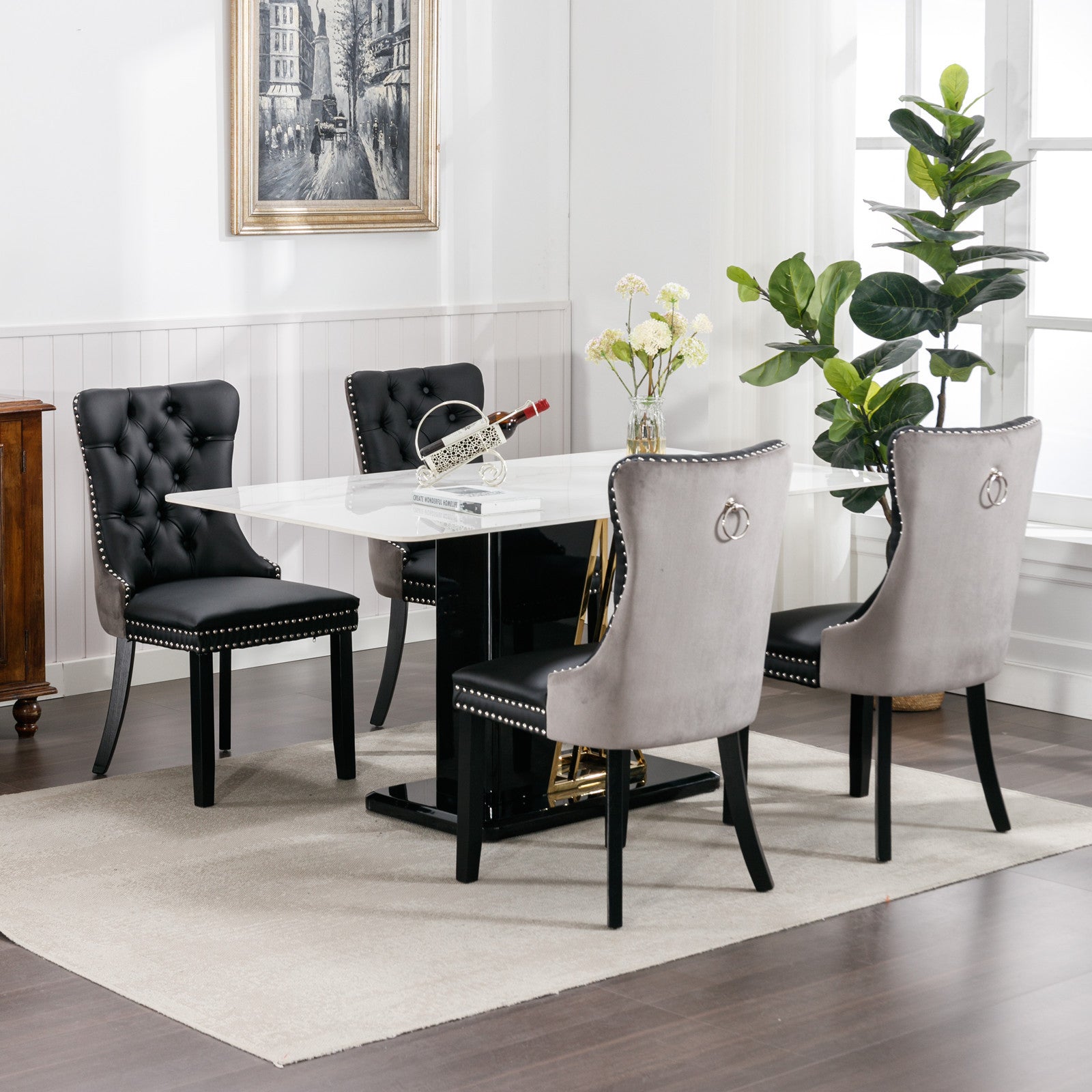 Tufted Solid Wood PU Upholstered Dining Chair with Wood Legs (Set of 2)