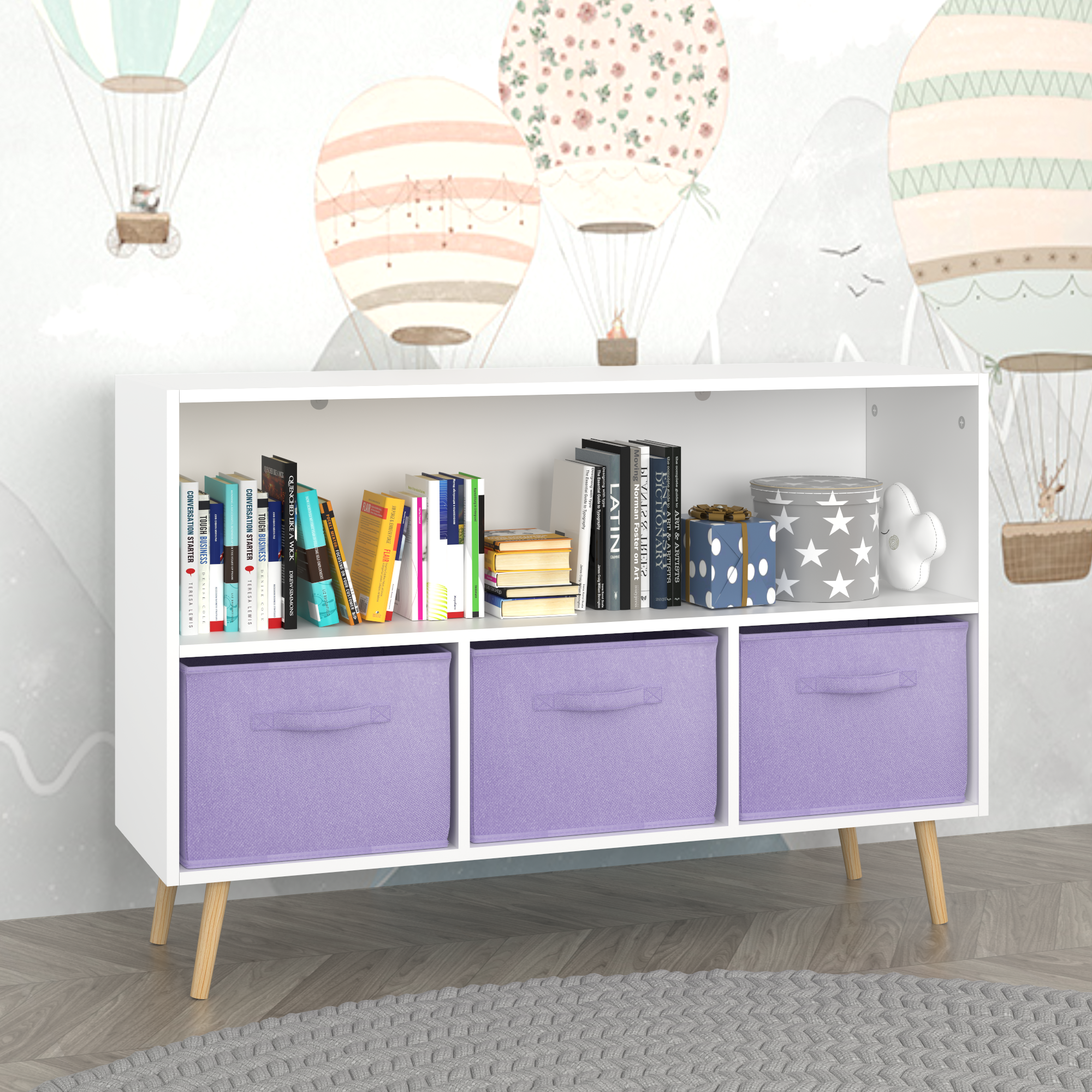 Children's Book Display Kids Bookcase with 3 Fabric Bins