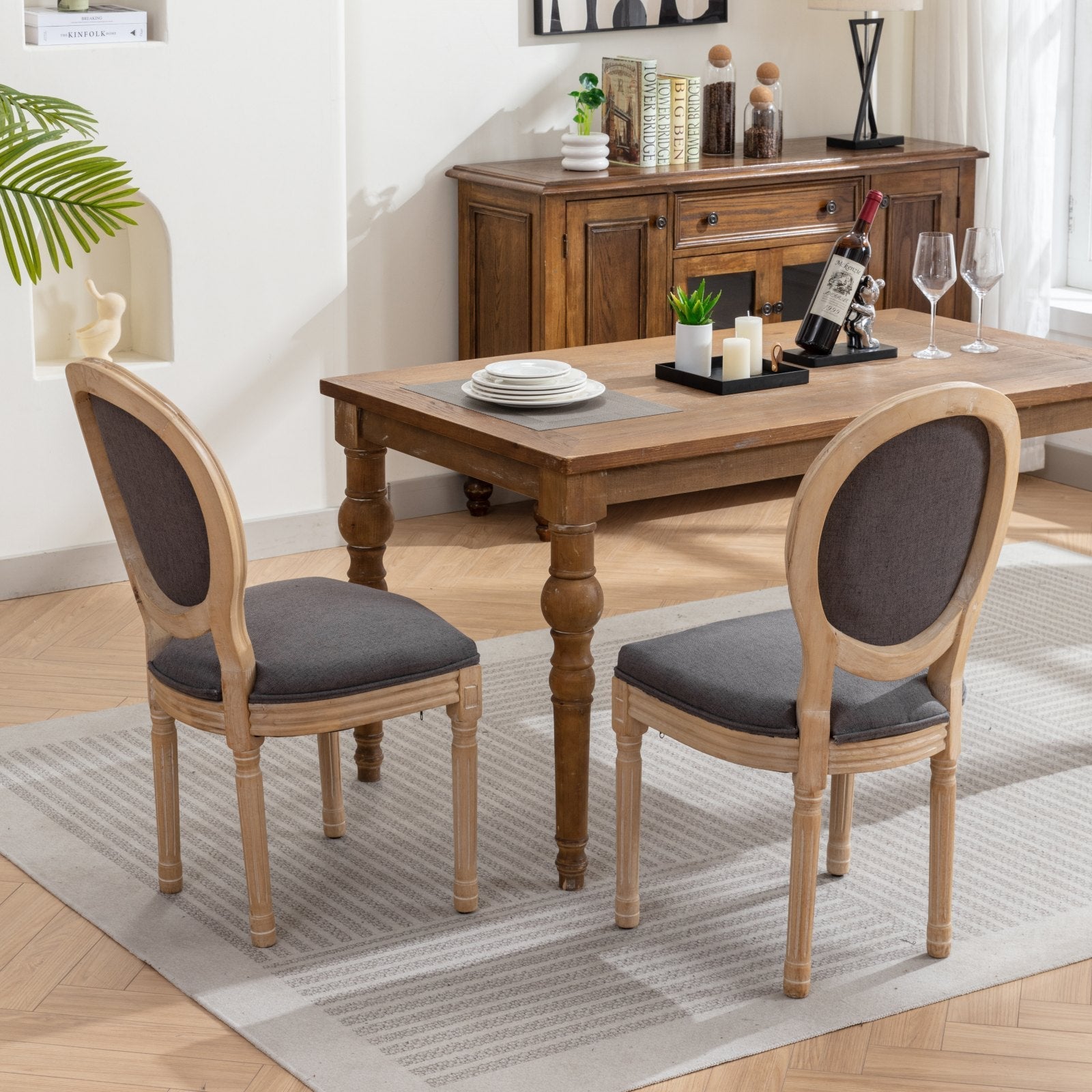 French Style Solid Wood Frame Linen Fabric Back Dining Chair (Set of 2)