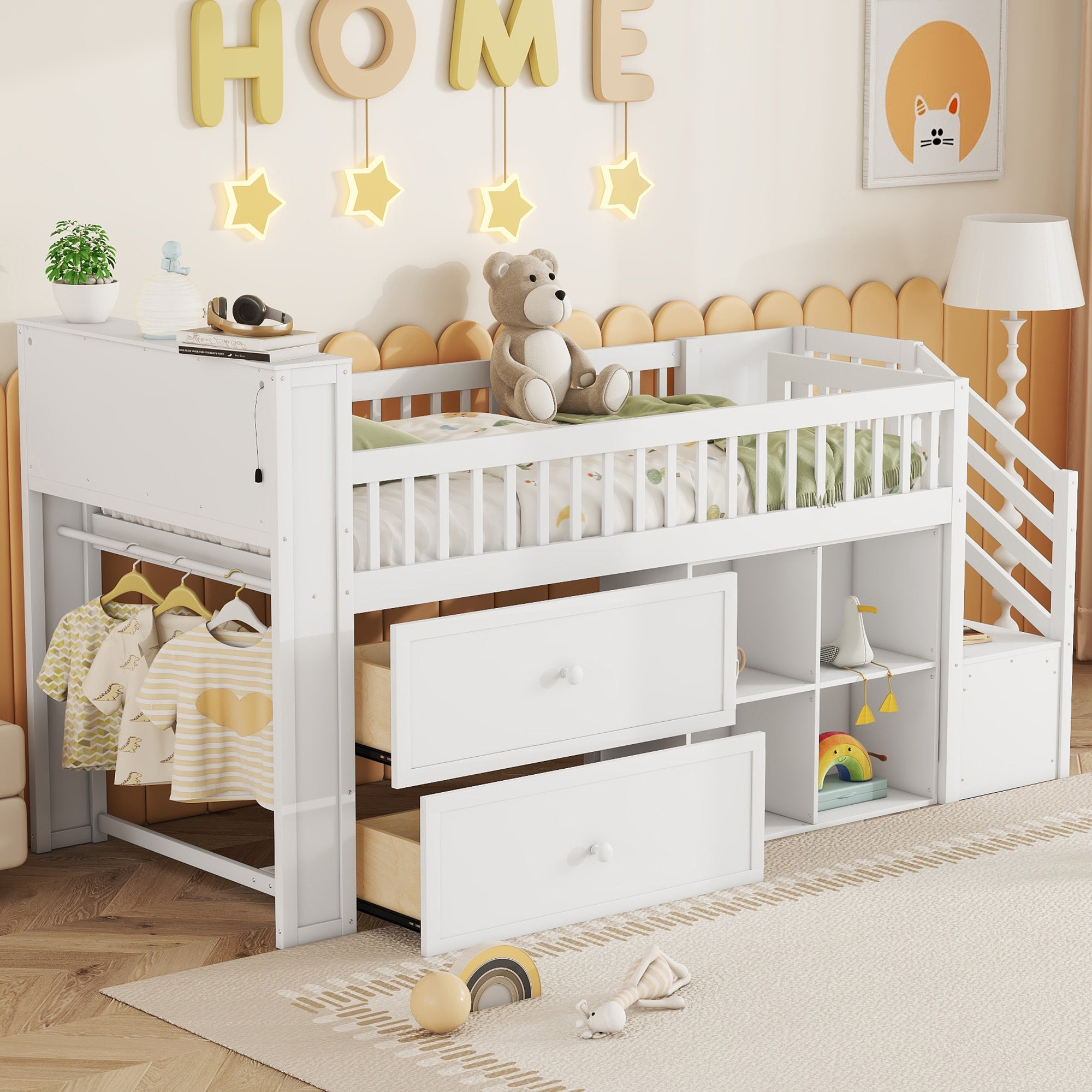 Twin Size Loft Bed with LED and Bookshelf