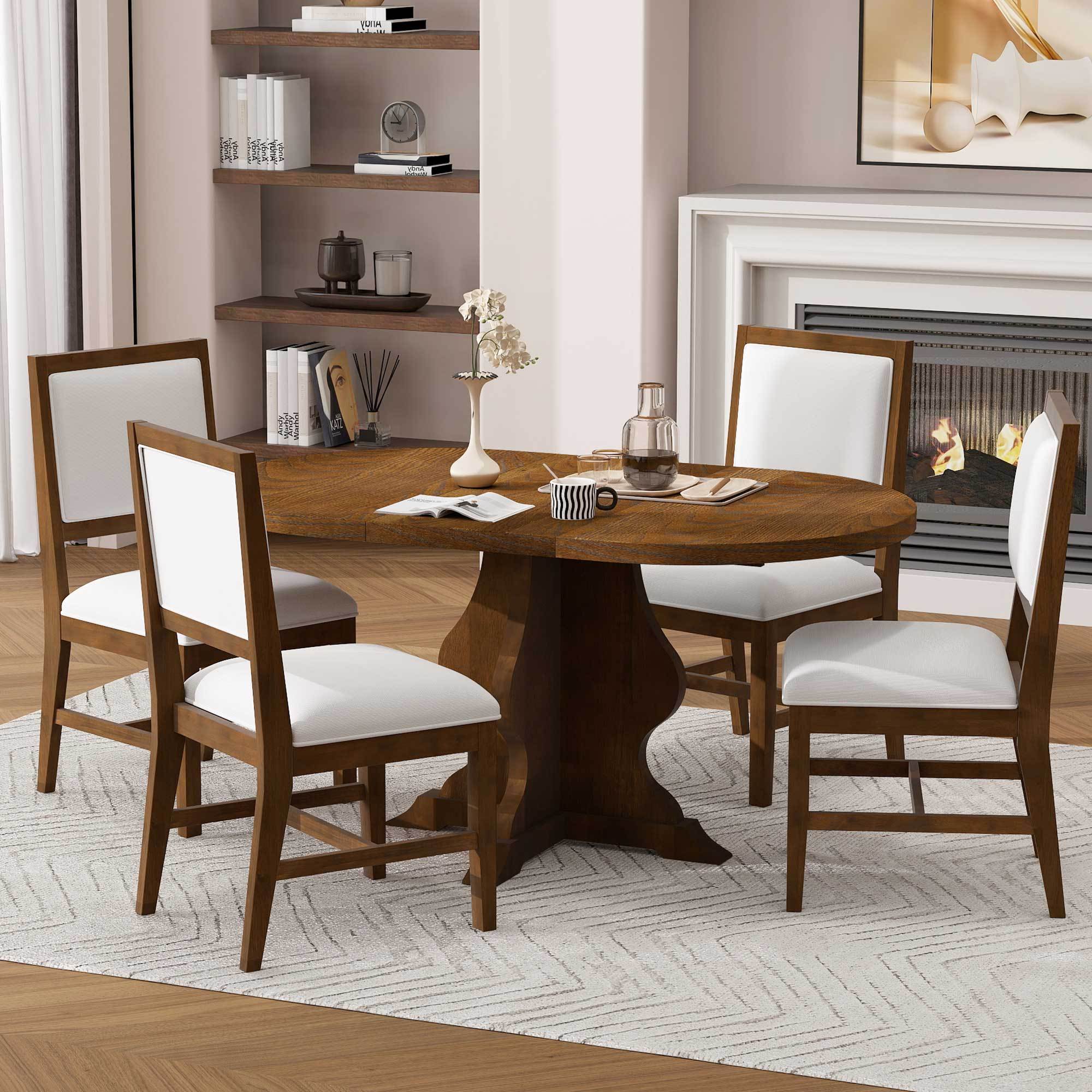 5-Piece Farmhouse Extendable Dining Table Set with 4 Upholstered Chairs