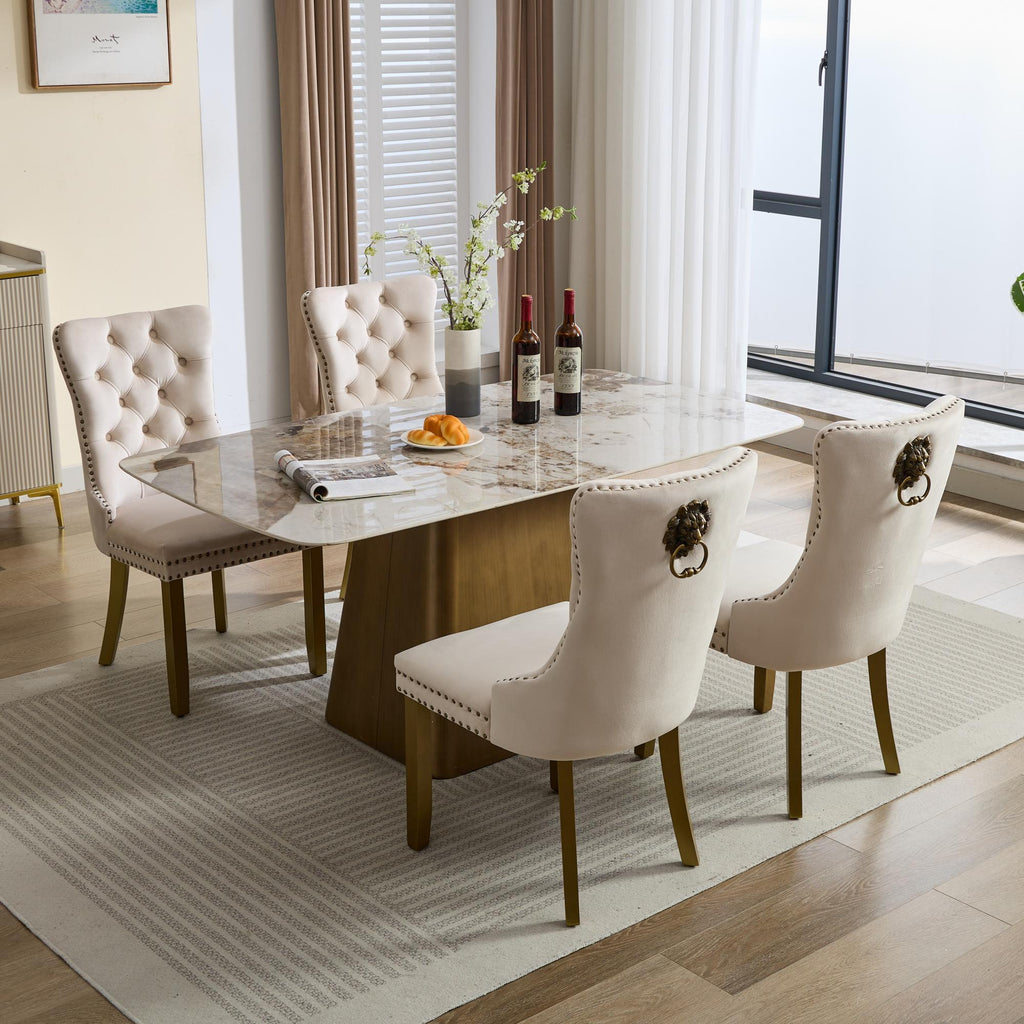 Mid-Century Velvet Dining Chairs with Lion Head Pull Ring (Set of 2)