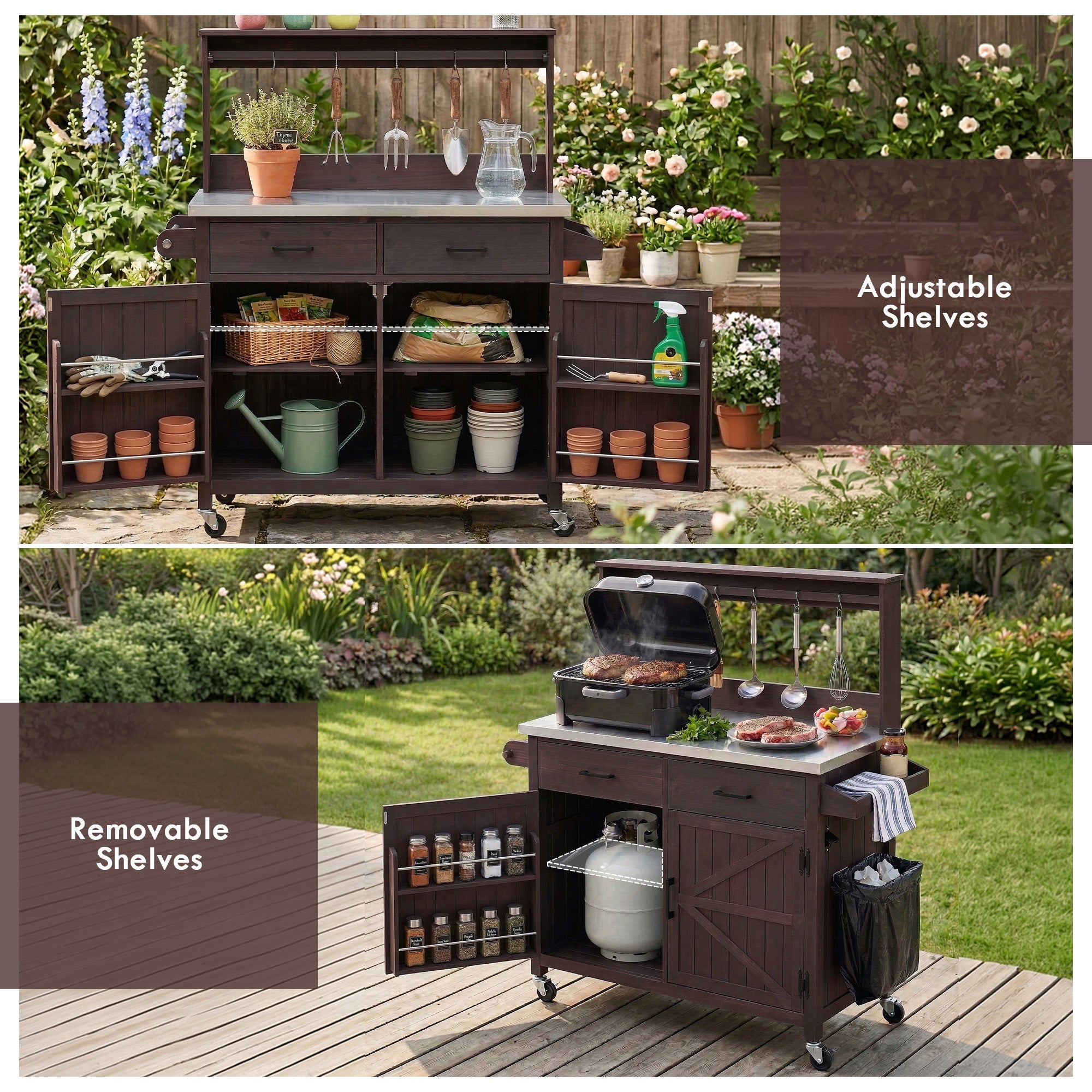 54.1" Outdoor Kitchen Island with High Shelf, Stainless Steel Top & Storage Cabinet