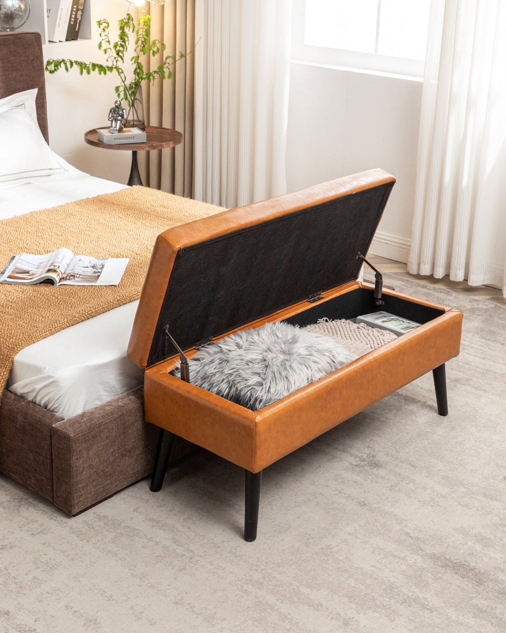 Brown PU Leather Storage Bench