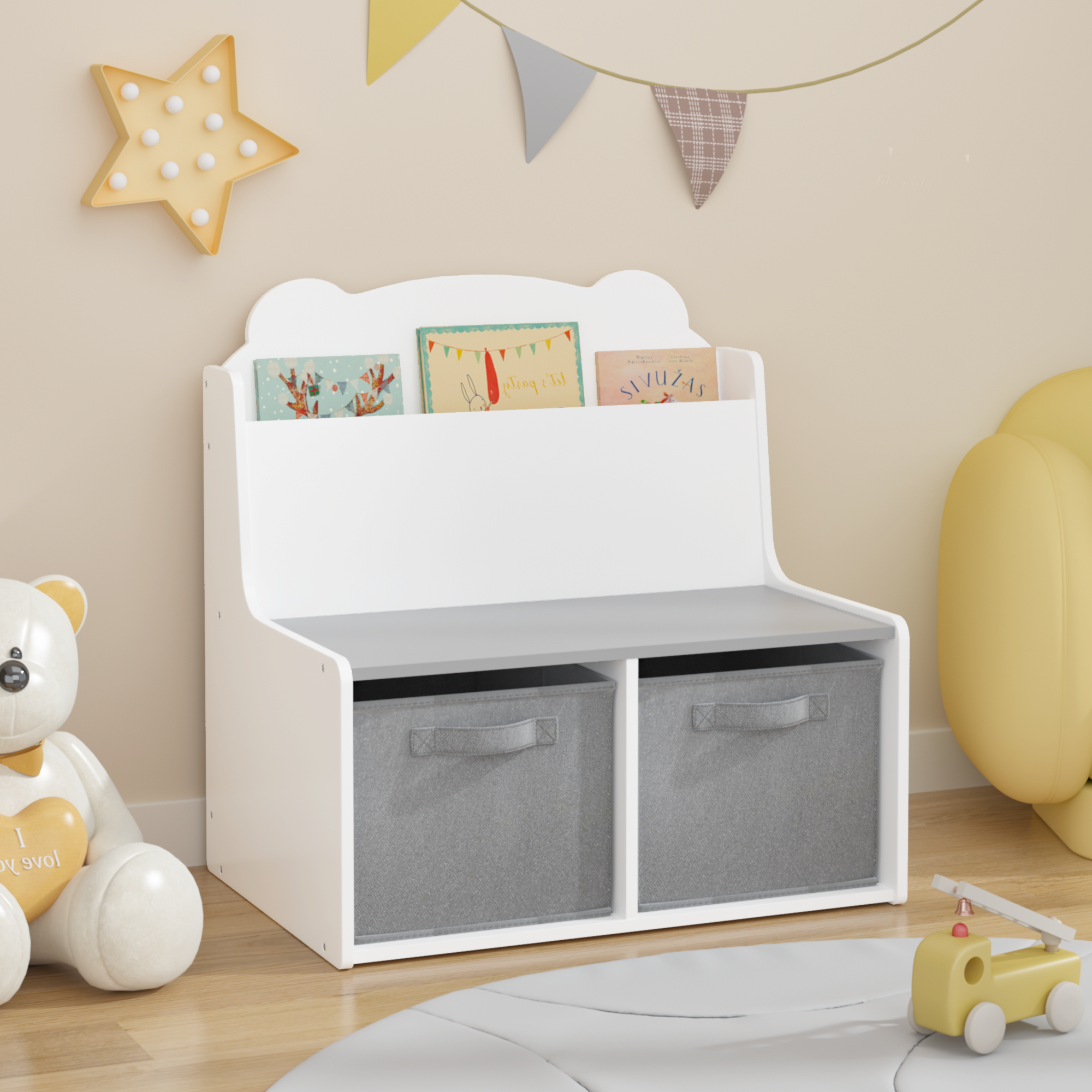 Kids Bookshelf with Storage Bins Wooden Bookcase