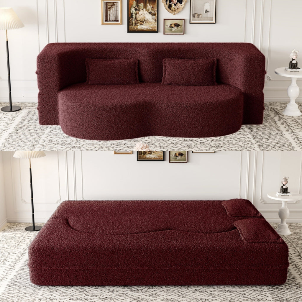 Modern Convertible Teddy Fabric Sofa with 2 Pillows